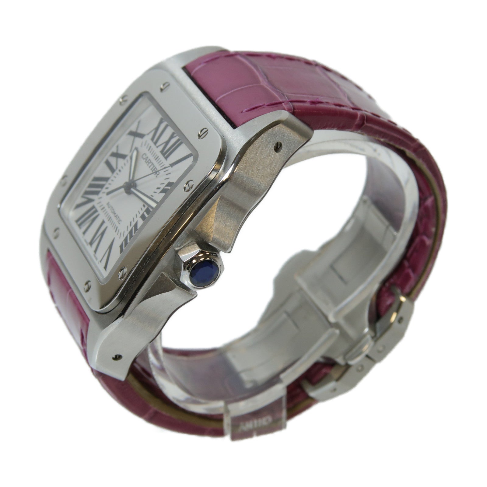 CARTIER Santos 100不鏽鋼/鱷魚皮革帶手錶自動機芯白色/紫色