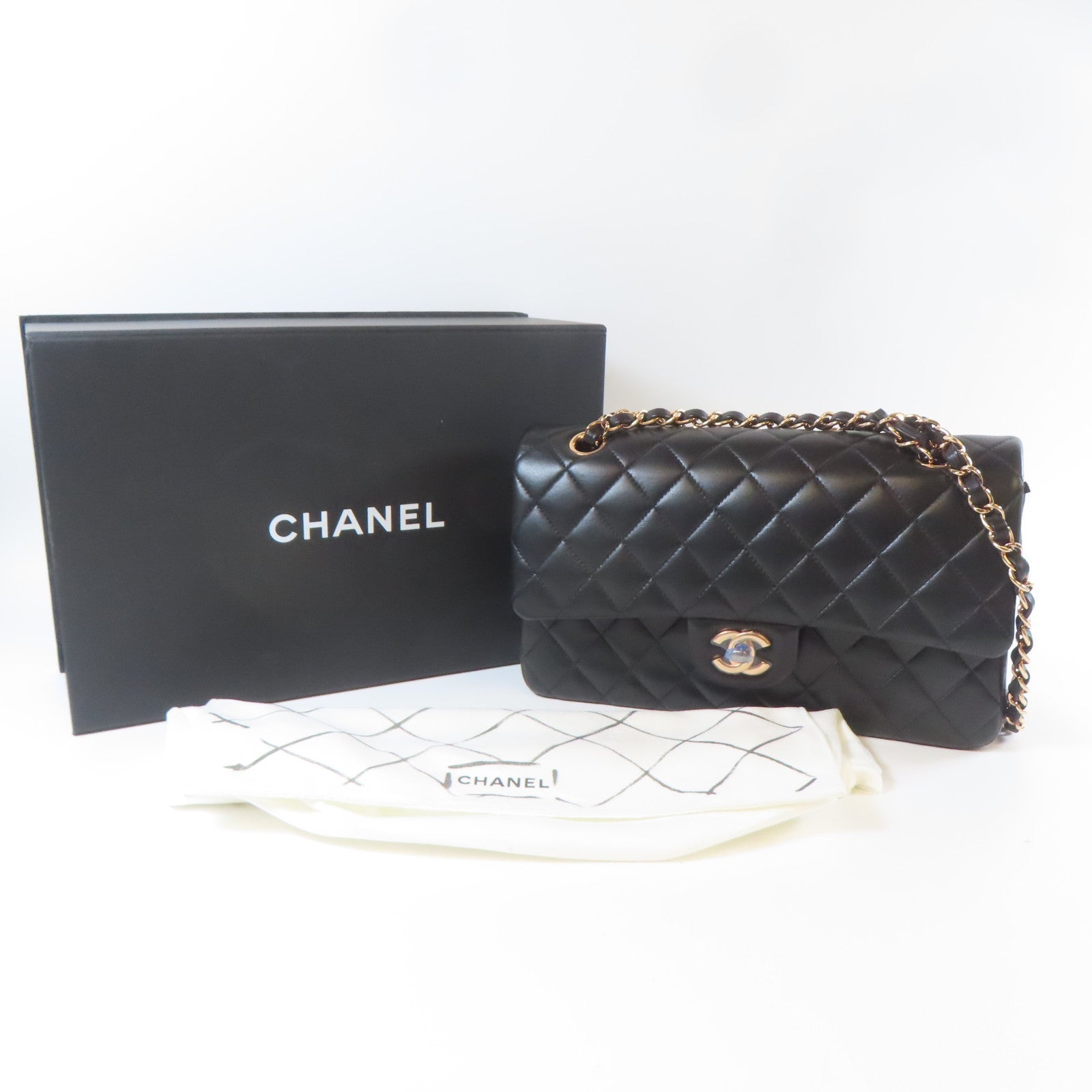 CHANEL 菱格羊皮皮革Chain Shoulder玫瑰金扣鏈帶肩背袋黑色