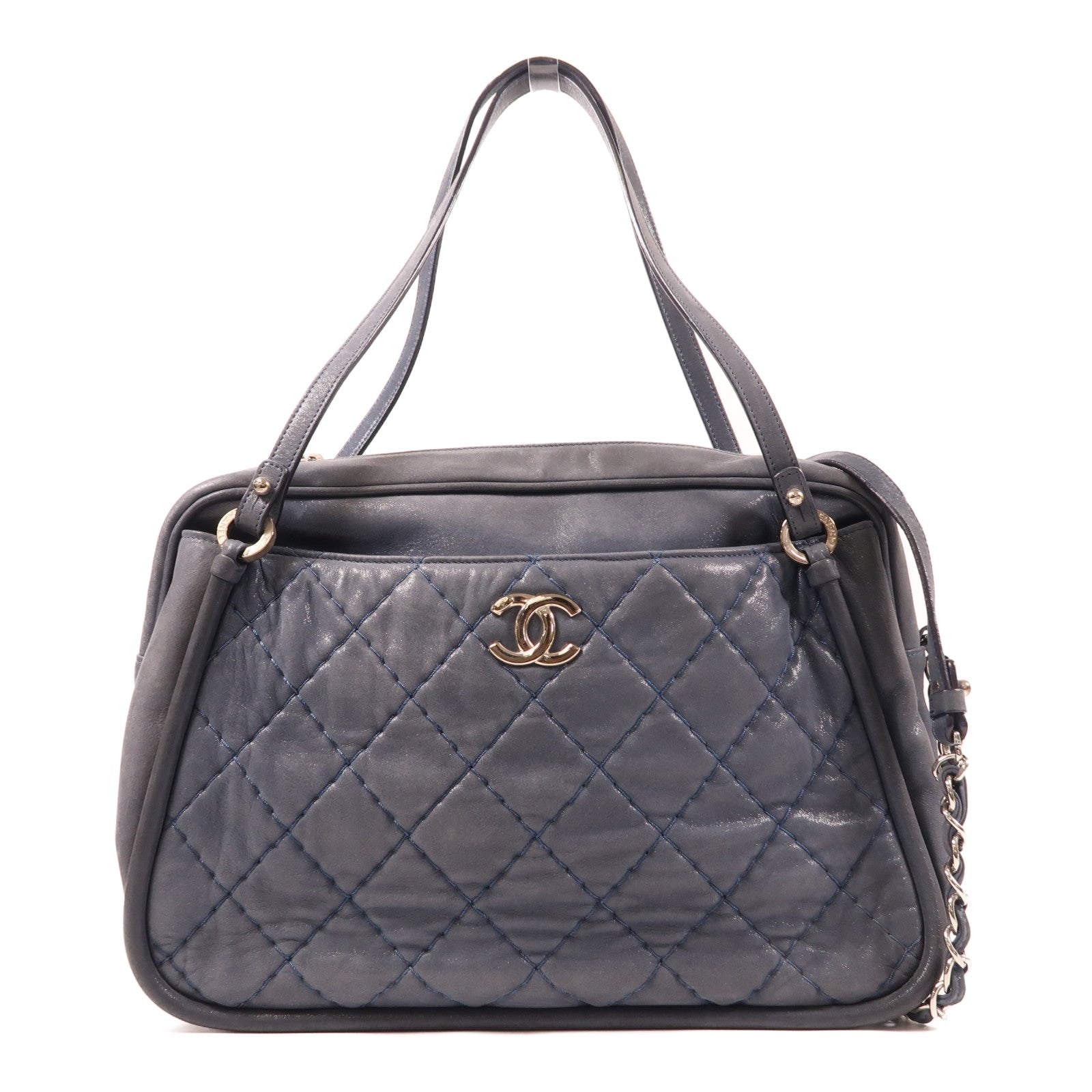 CHANEL 牛皮皮革Chain Shoulder銀扣手挽肩背兩用袋