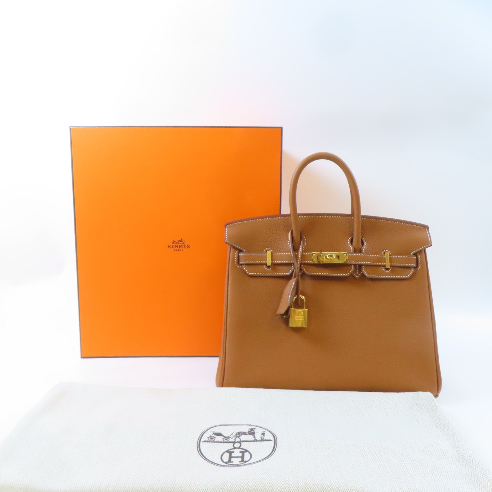 HERMES 【激減優惠】Togo皮革Birkin 25金扣手挽肩背兩用袋Gold/駝色