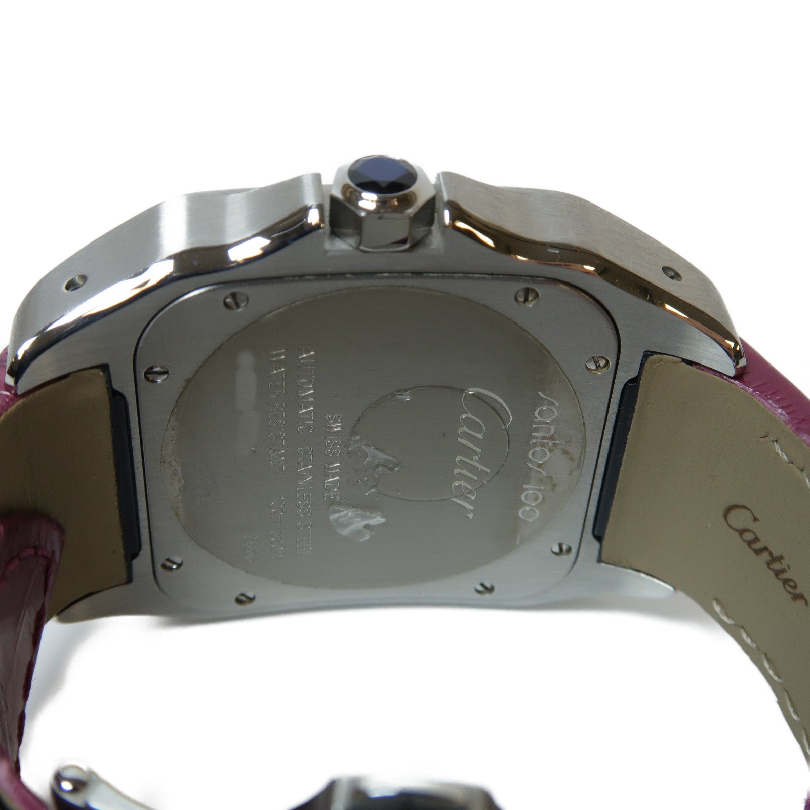 CARTIER Santos 100不鏽鋼/鱷魚皮革帶手錶自動機芯白色/紫色