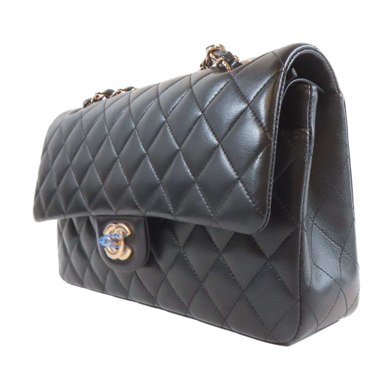 CHANEL 菱格羊皮皮革Chain Shoulder玫瑰金扣鏈帶肩背袋黑色