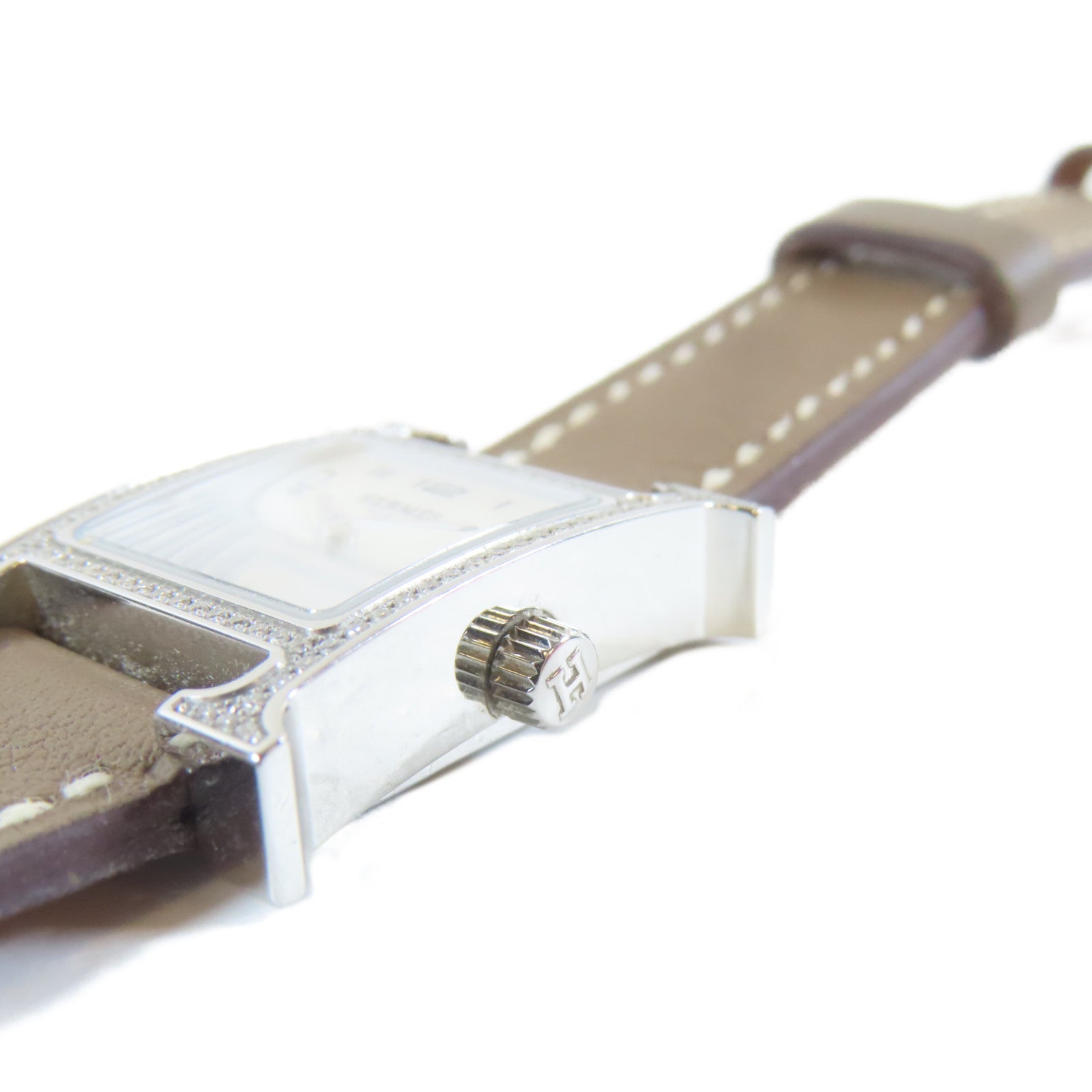 HERMES 不鏽鋼/皮革帯H Watch Diamond石英機芯手錶啡色