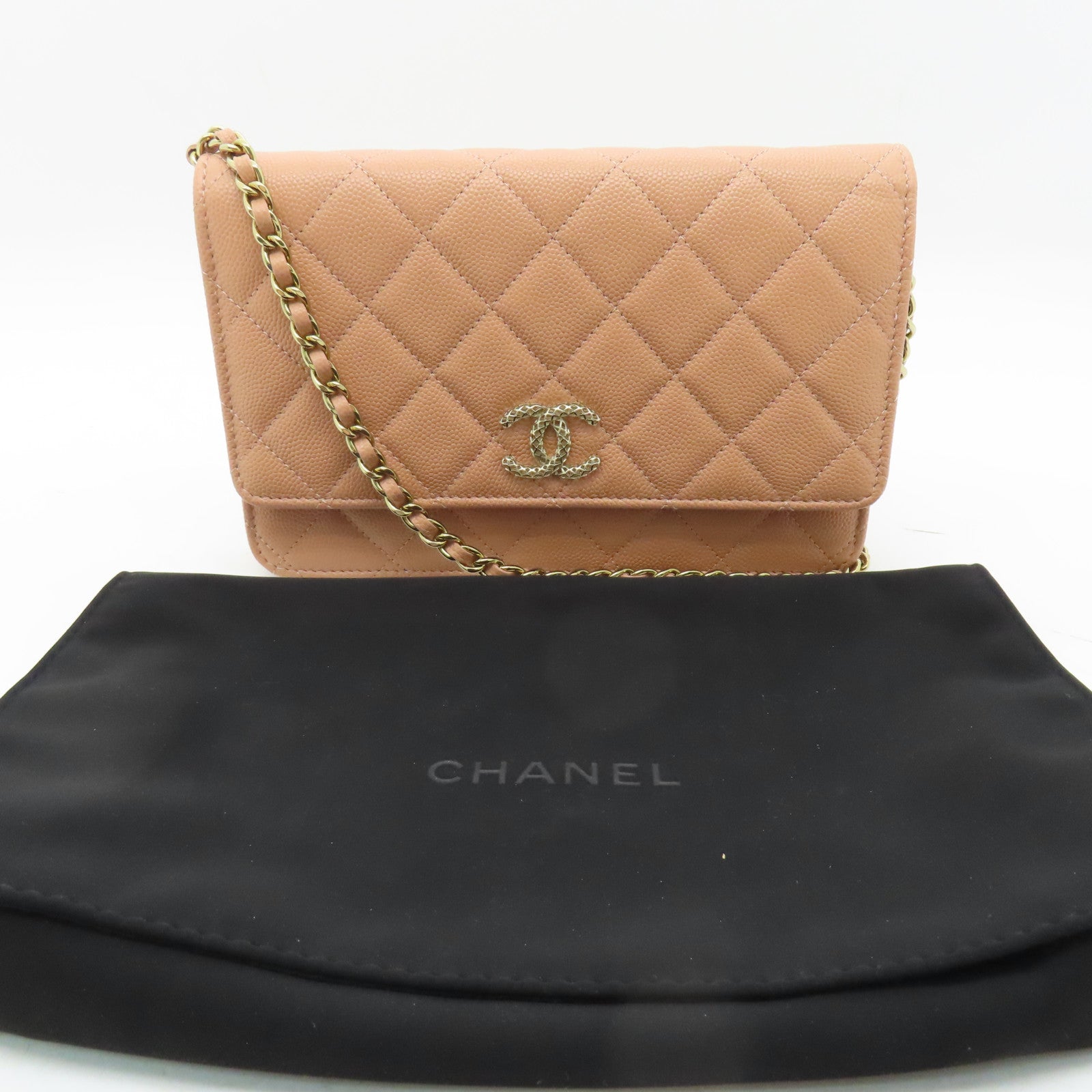 CHANEL 【清倉大減價】菱格牛皮皮革Wallet On Chain金扣鏈帶肩背袋粉紅色