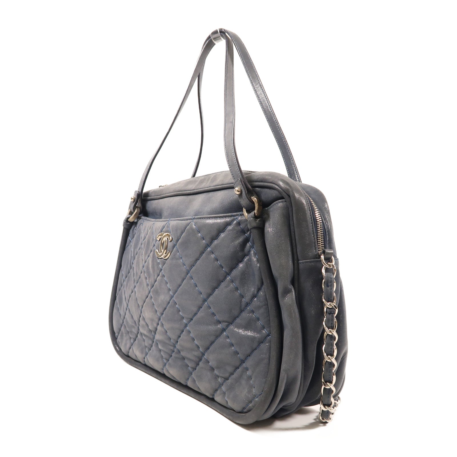 CHANEL 牛皮皮革Chain Shoulder銀扣手挽肩背兩用袋