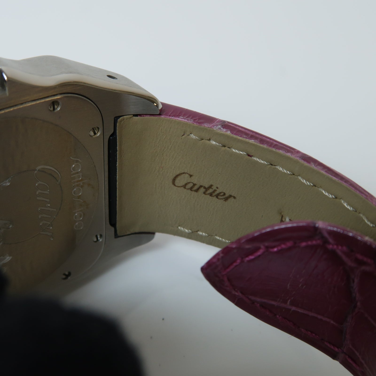 CARTIER Santos 100不鏽鋼/鱷魚皮革帶手錶自動機芯白色/紫色