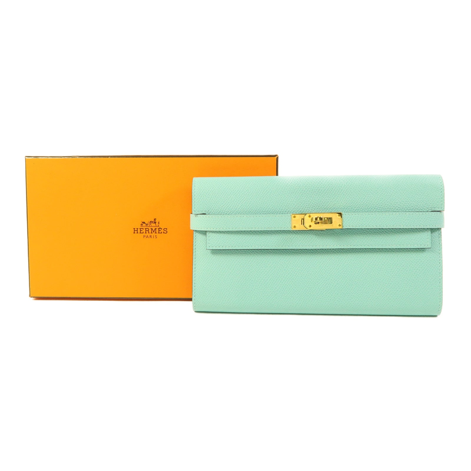 HERMES 【激減優惠】Epsom皮革Kelly Long Wallet金扣長錢包Atoll
