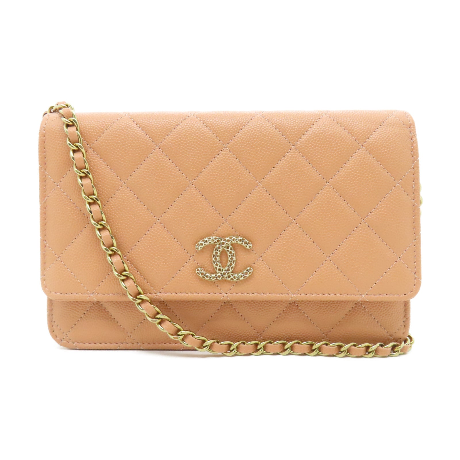 CHANEL 【清倉大減價】菱格牛皮皮革Wallet On Chain金扣鏈帶肩背袋粉紅色