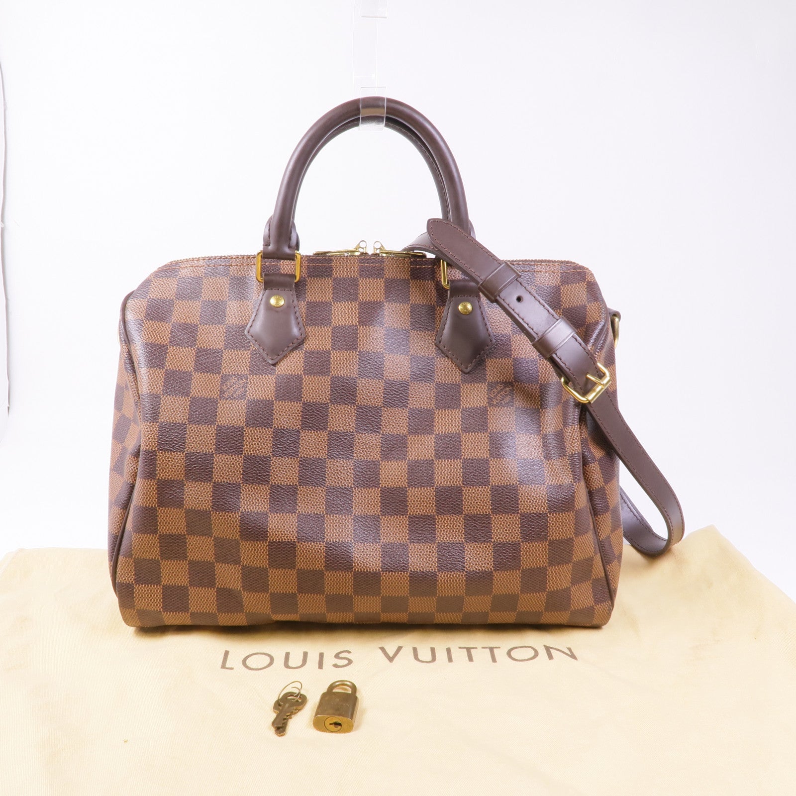 LOUIS VUITTON Damier Speedy Bandouliere 30金扣手挽肩背兩用袋棕色