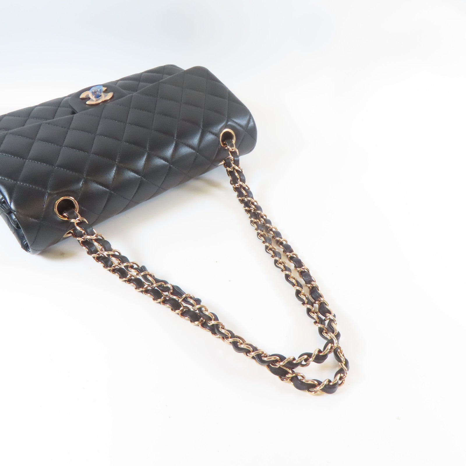 CHANEL 菱格羊皮皮革Chain Shoulder玫瑰金扣鏈帶肩背袋黑色