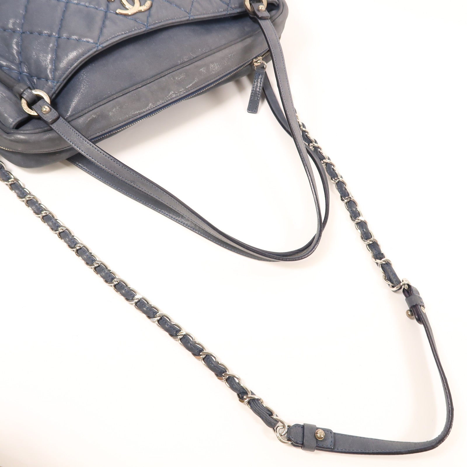 CHANEL 牛皮皮革Chain Shoulder銀扣手挽肩背兩用袋