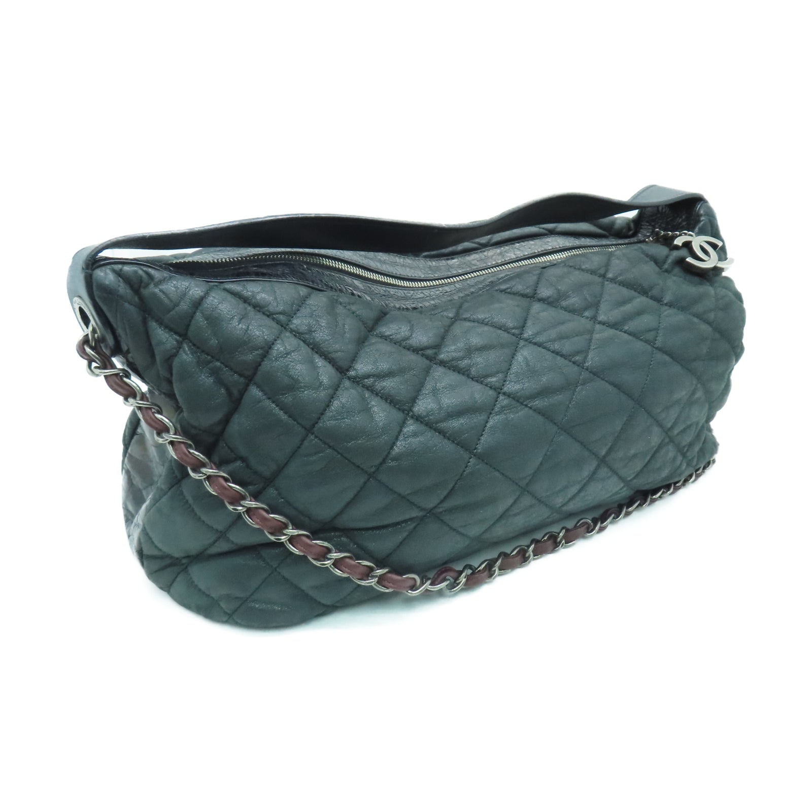 CHANEL rhombus sheepskin leather Shoulder Bag silver buckle chain shoulder bag black