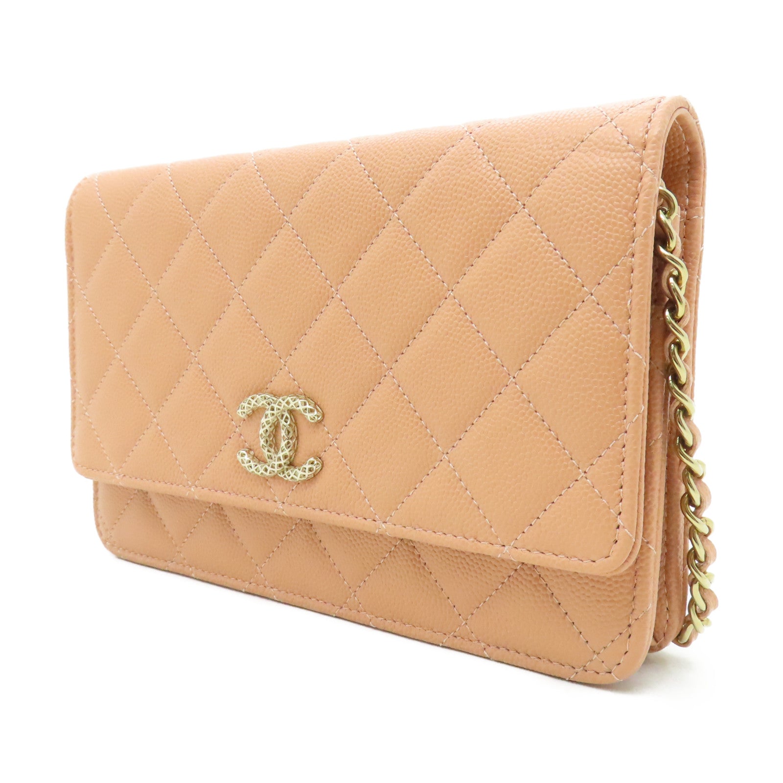 CHANEL 【清倉大減價】菱格牛皮皮革Wallet On Chain金扣鏈帶肩背袋粉紅色