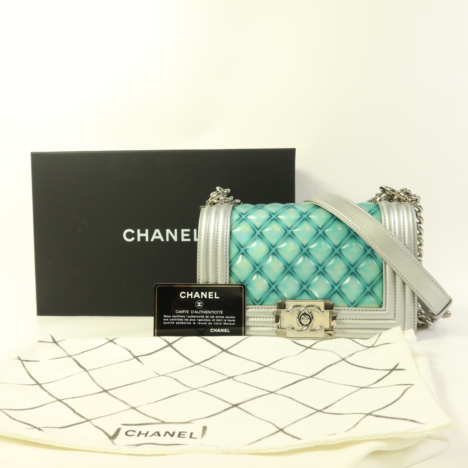 CHANEL 牛皮皮革/PVC Boy 20銀扣鏈帶肩背袋