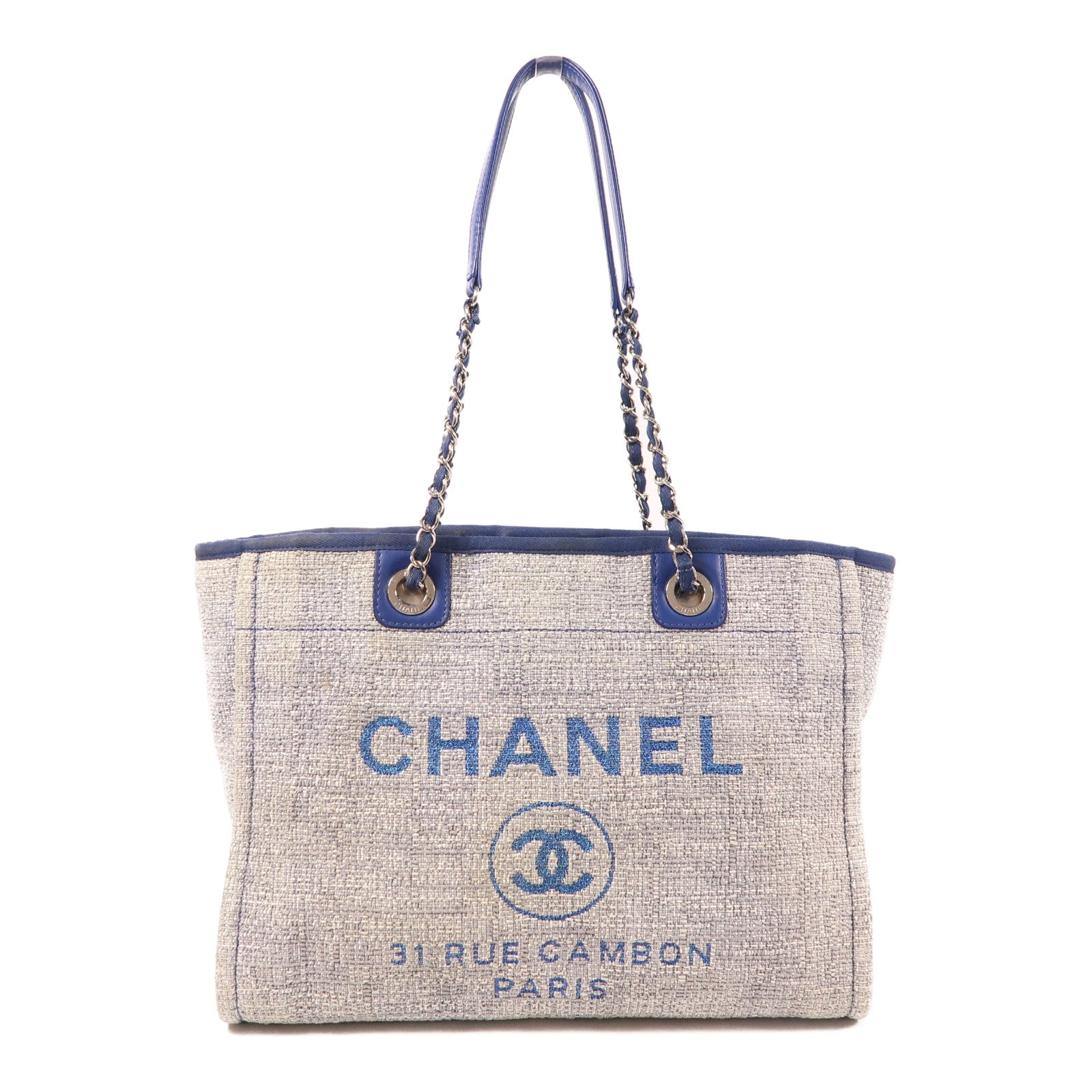 CHANEL Tweed Deauville Tote銀扣鏈帶肩背袋