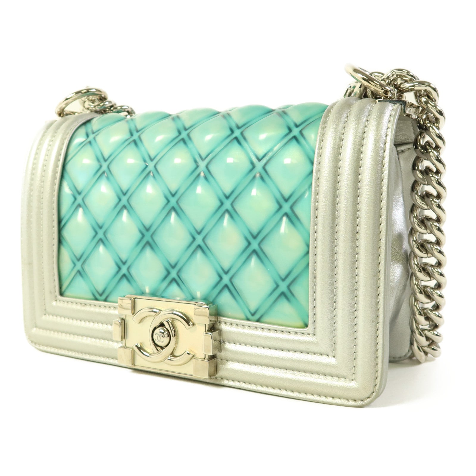 CHANEL 牛皮皮革/PVC Boy 20銀扣鏈帶肩背袋