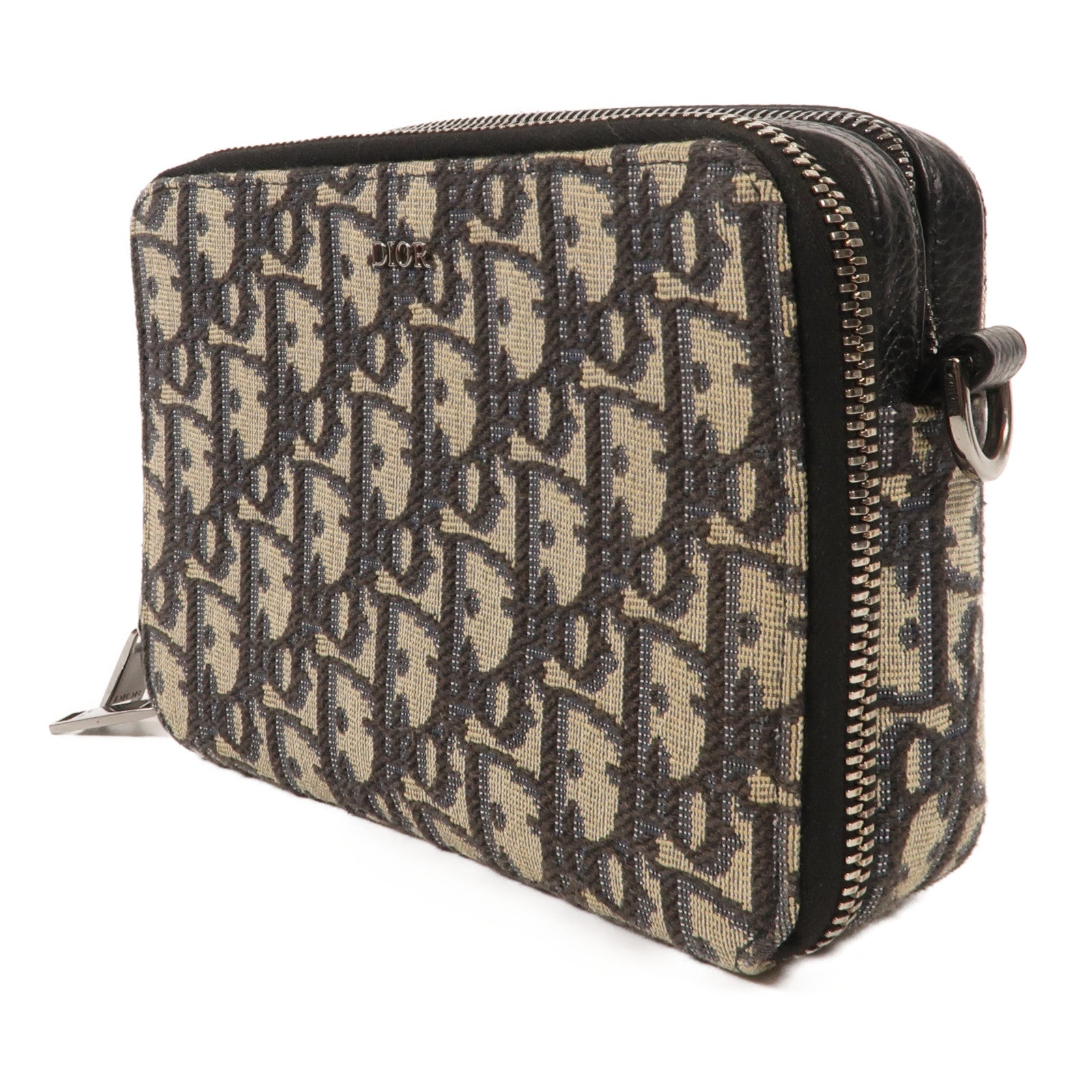 Dior Oblique帆布Zipper Pouch With Strap銀扣肩背袋