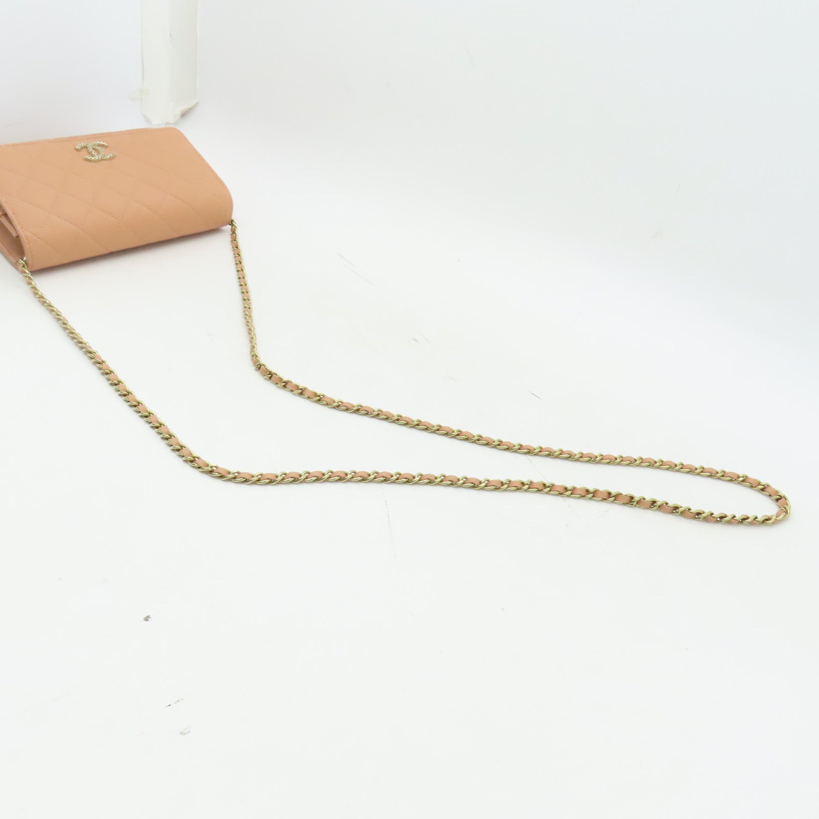 CHANEL 【清倉大減價】菱格牛皮皮革Wallet On Chain金扣鏈帶肩背袋粉紅色