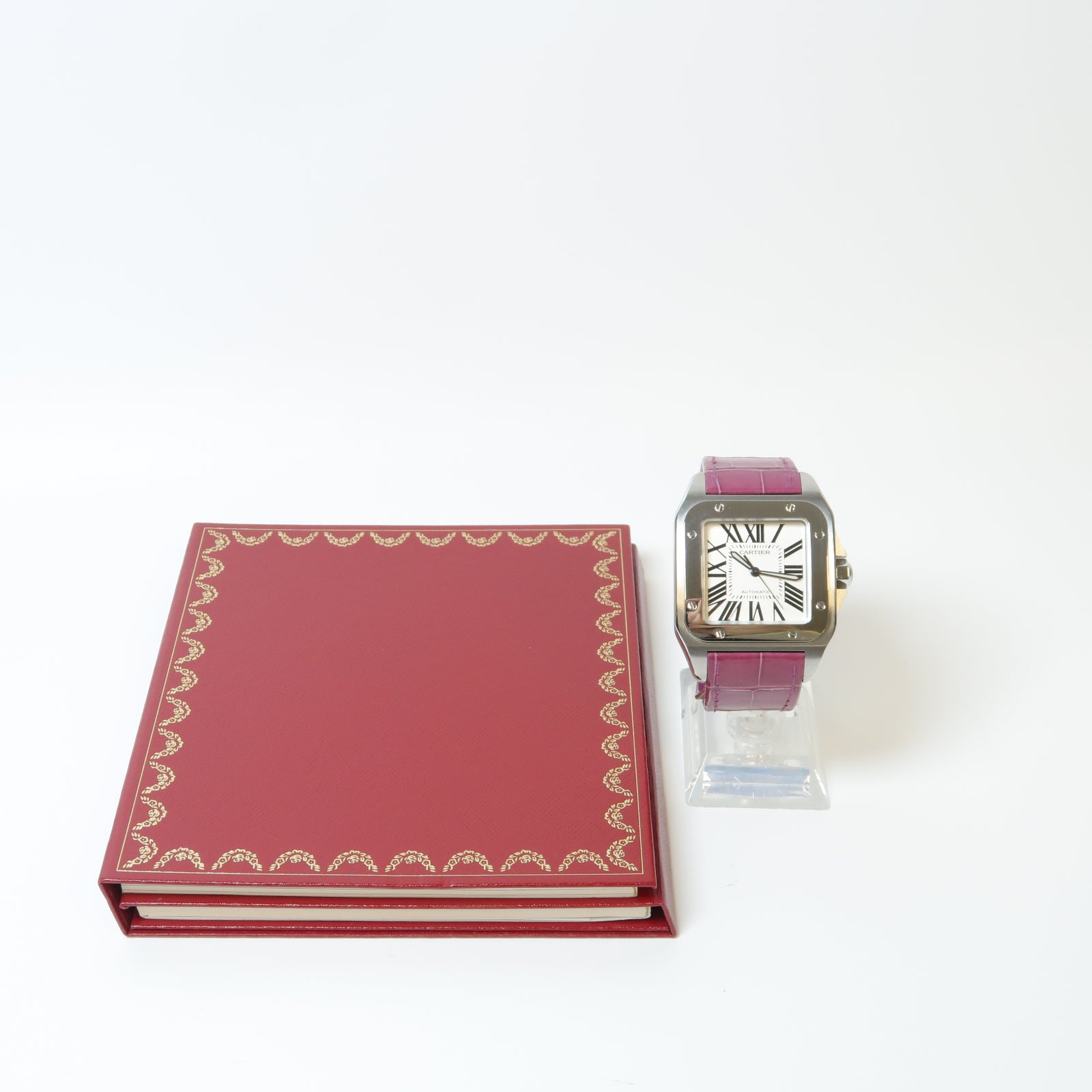 CARTIER Santos 100不鏽鋼/鱷魚皮革帶手錶自動機芯白色/紫色