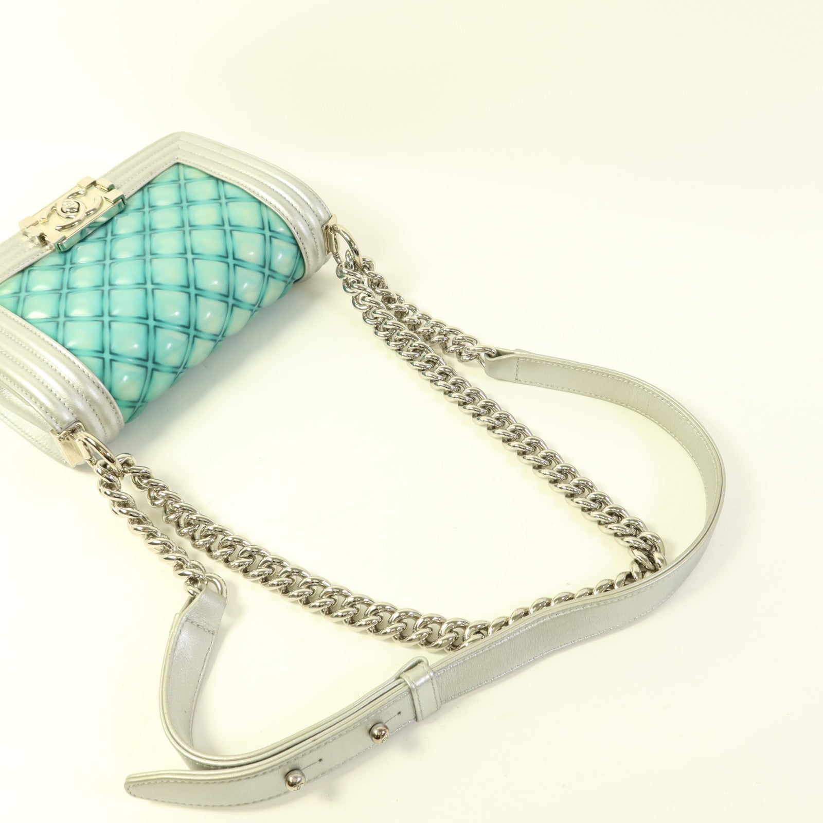 CHANEL 牛皮皮革/PVC Boy 20銀扣鏈帶肩背袋