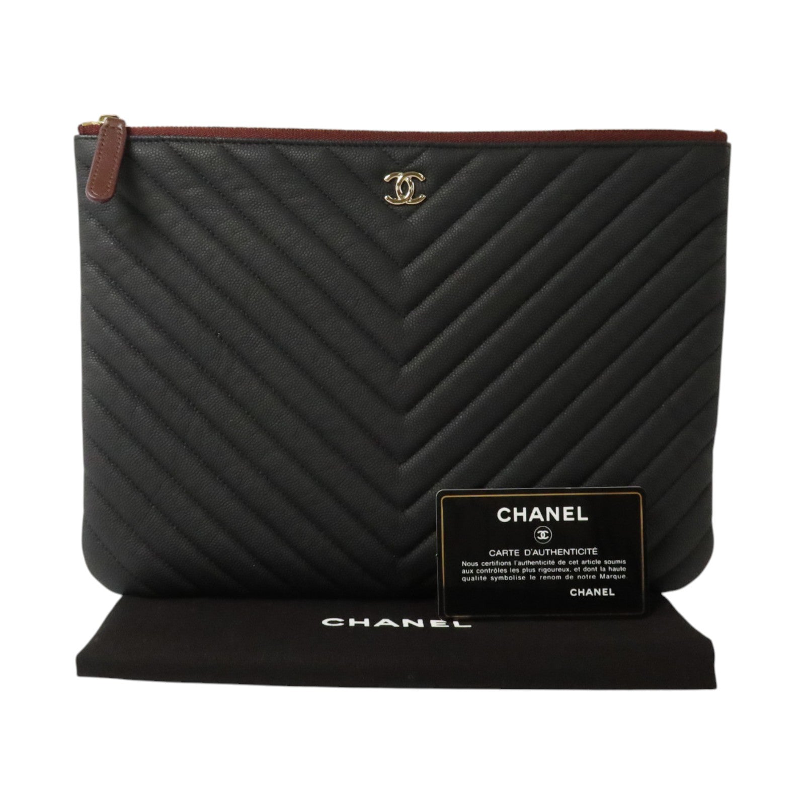 CHANEL 牛皮皮革Chevron O-Case Pouch Medium Clutch金扣手拿包