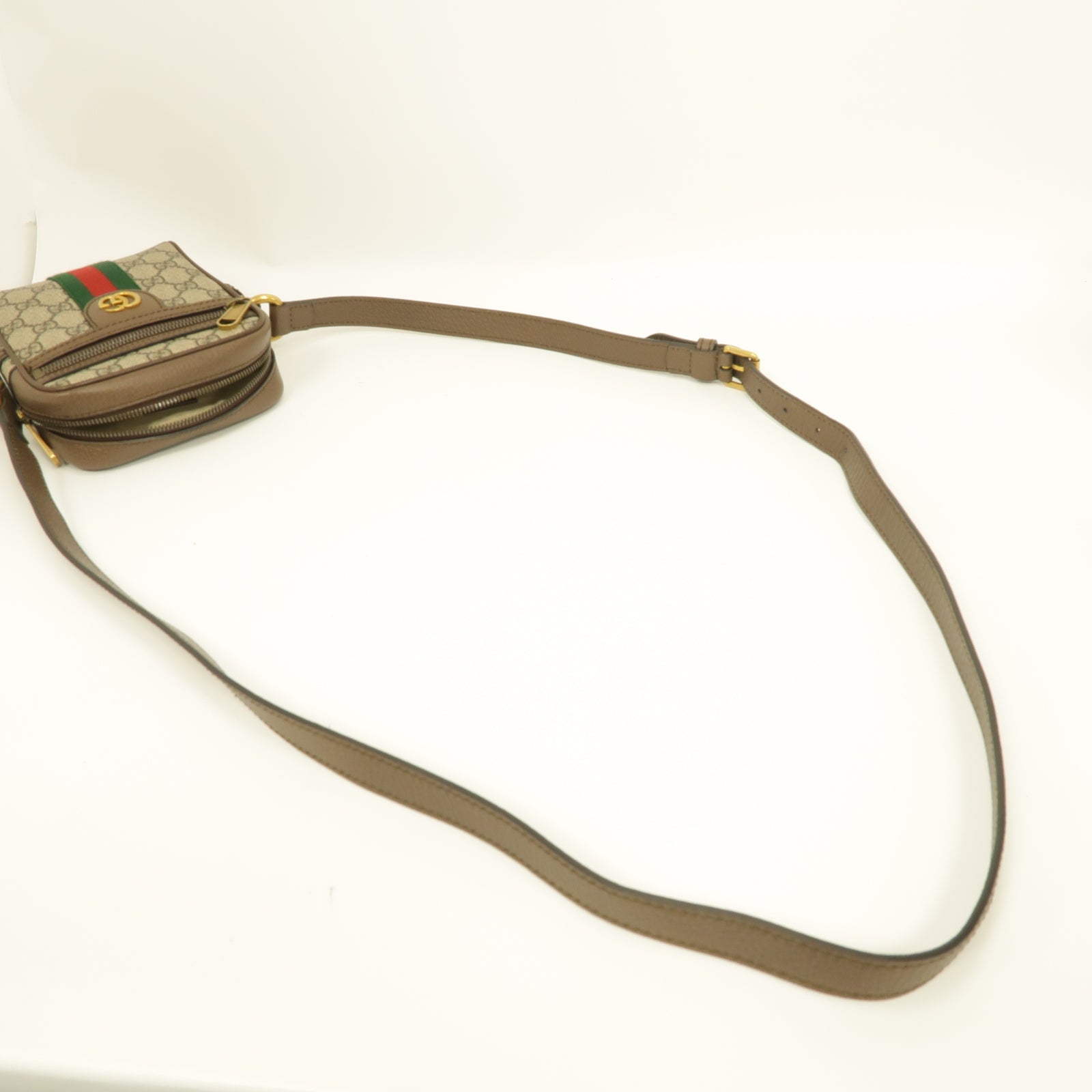 GUCCI 塗層帆布Ophidia GG金扣肩背袋棕色