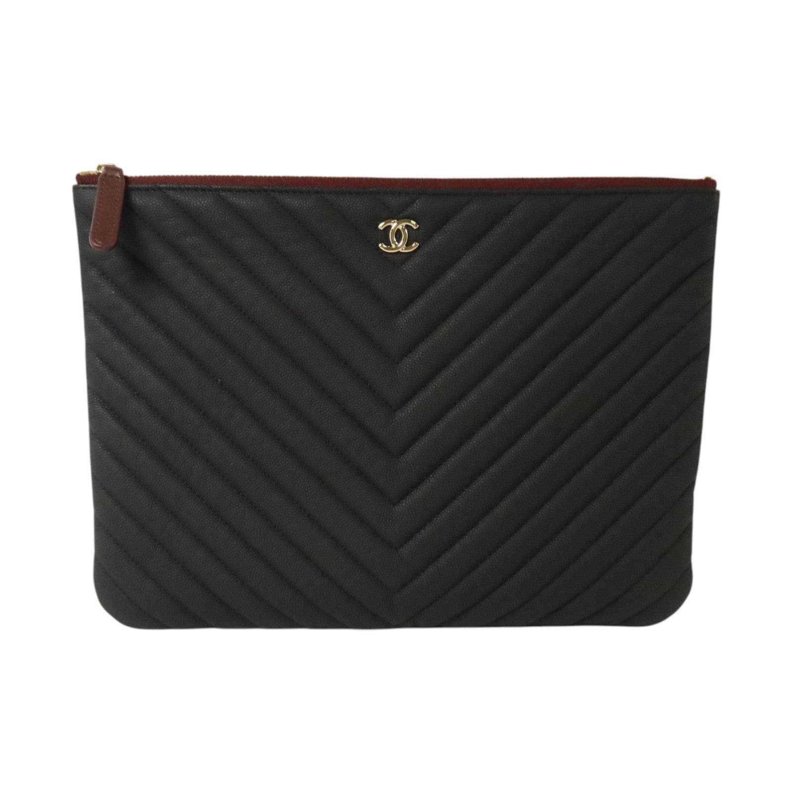 CHANEL 牛皮皮革Chevron O-Case Pouch Medium Clutch金扣手拿包