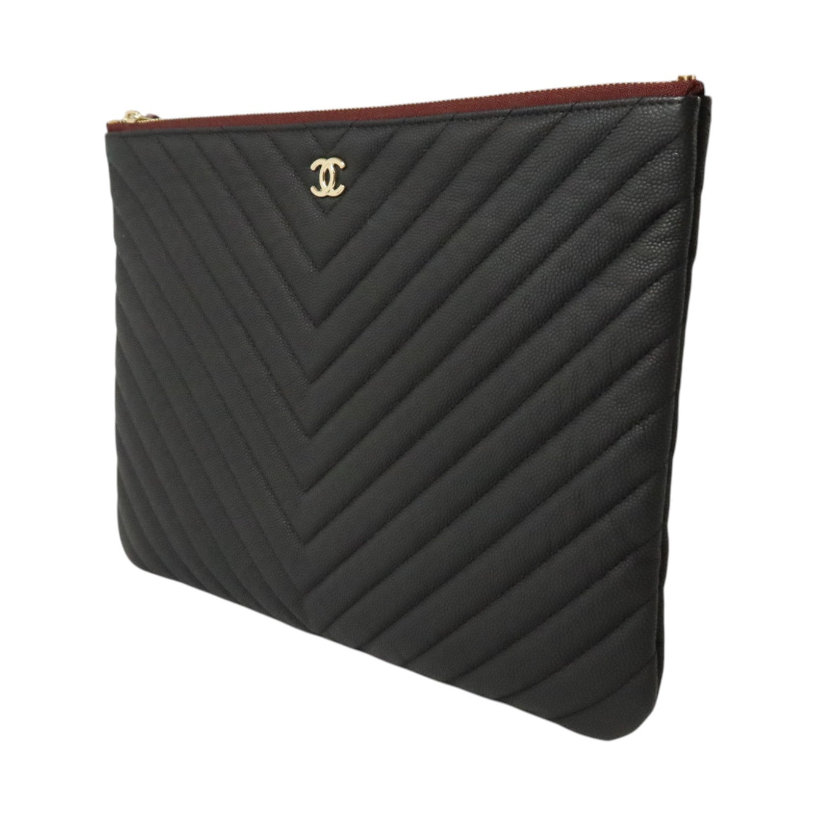 CHANEL 牛皮皮革Chevron O-Case Pouch Medium Clutch金扣手拿包