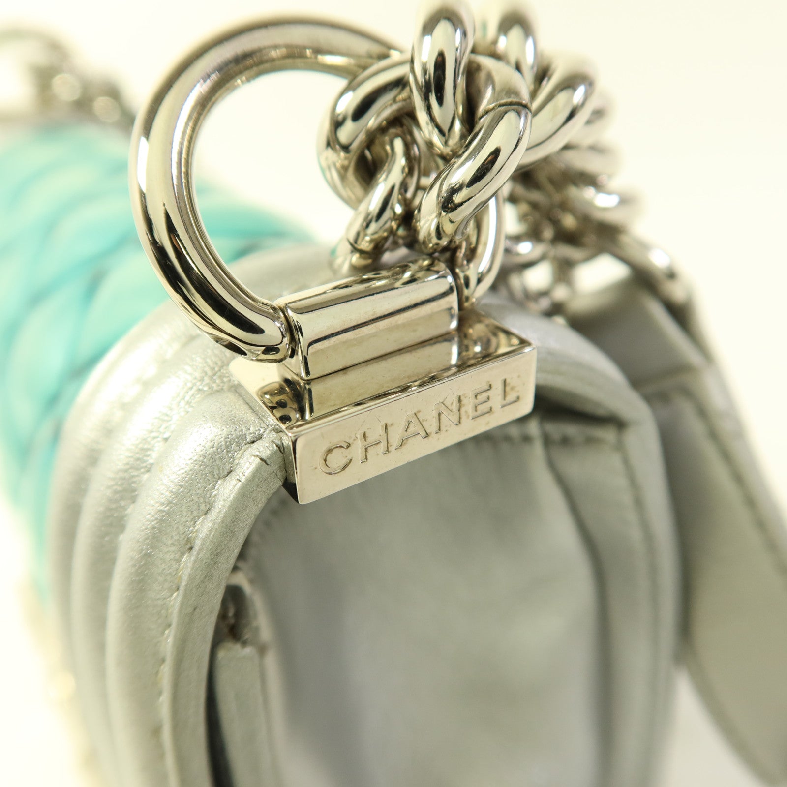 CHANEL 牛皮皮革/PVC Boy 20銀扣鏈帶肩背袋