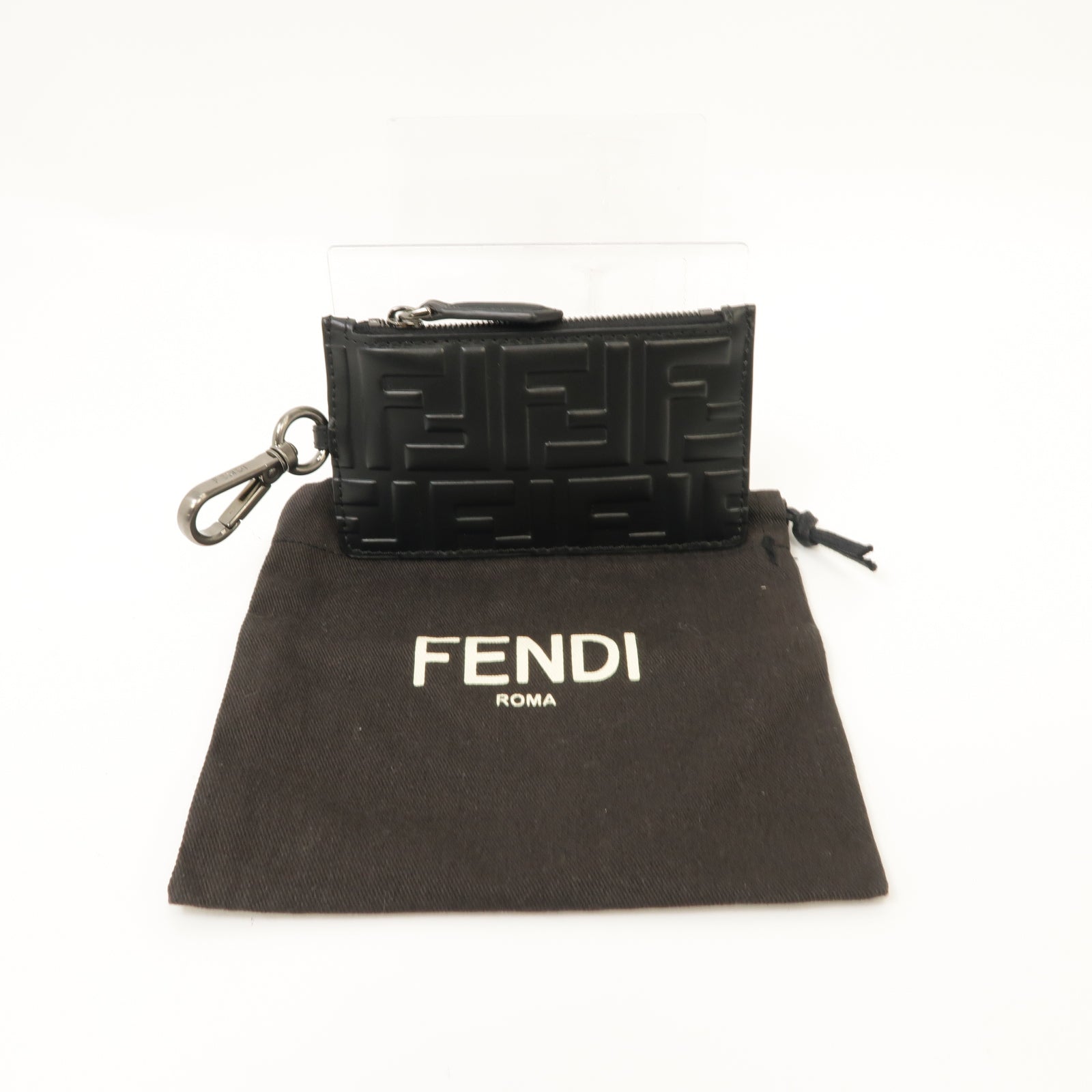 FENDI 牛皮皮革Zucca Coin/Card Case銀扣零錢包/卡片套黑色