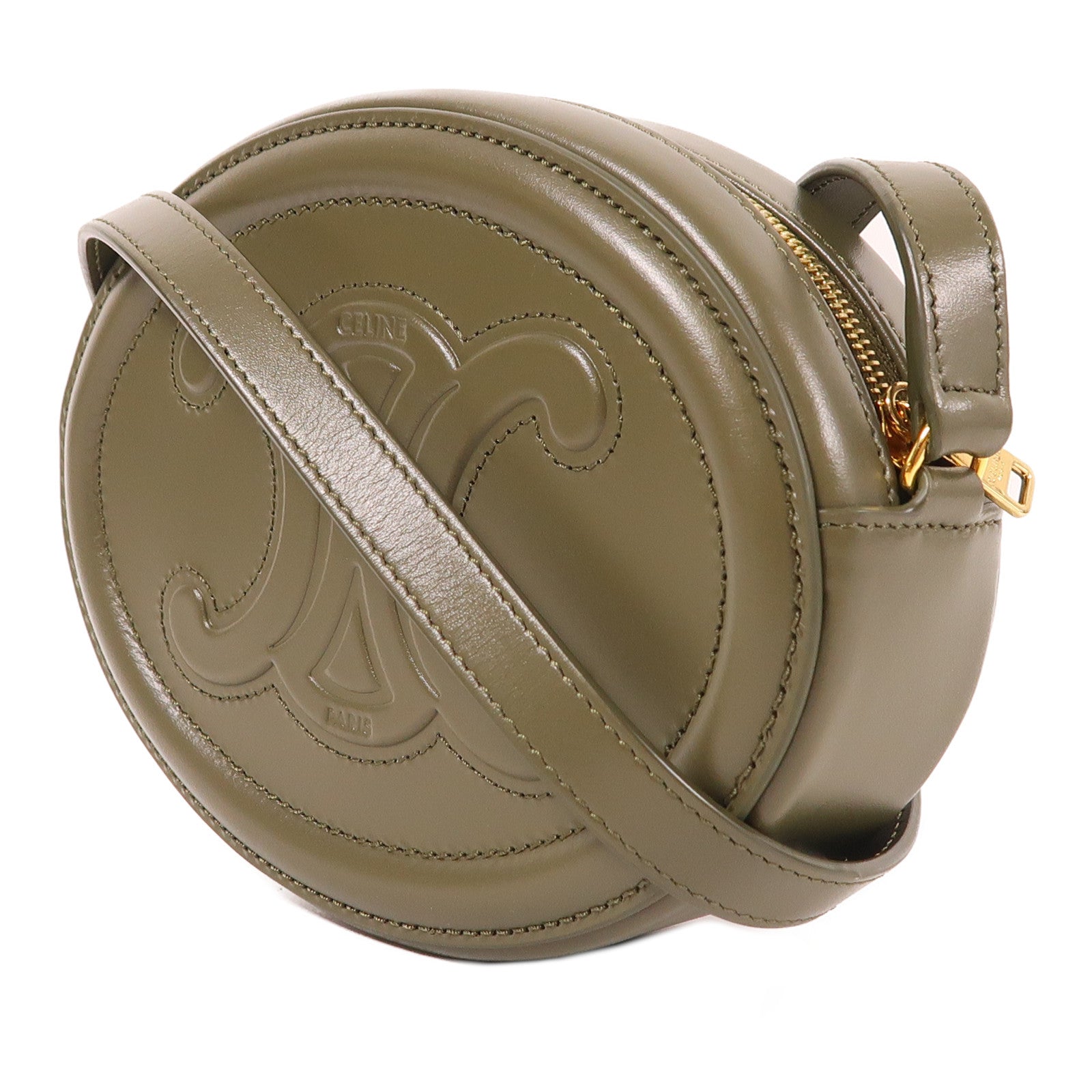 CELINE GHW Oval Shoulder Bag Calfskin Leather Khaki