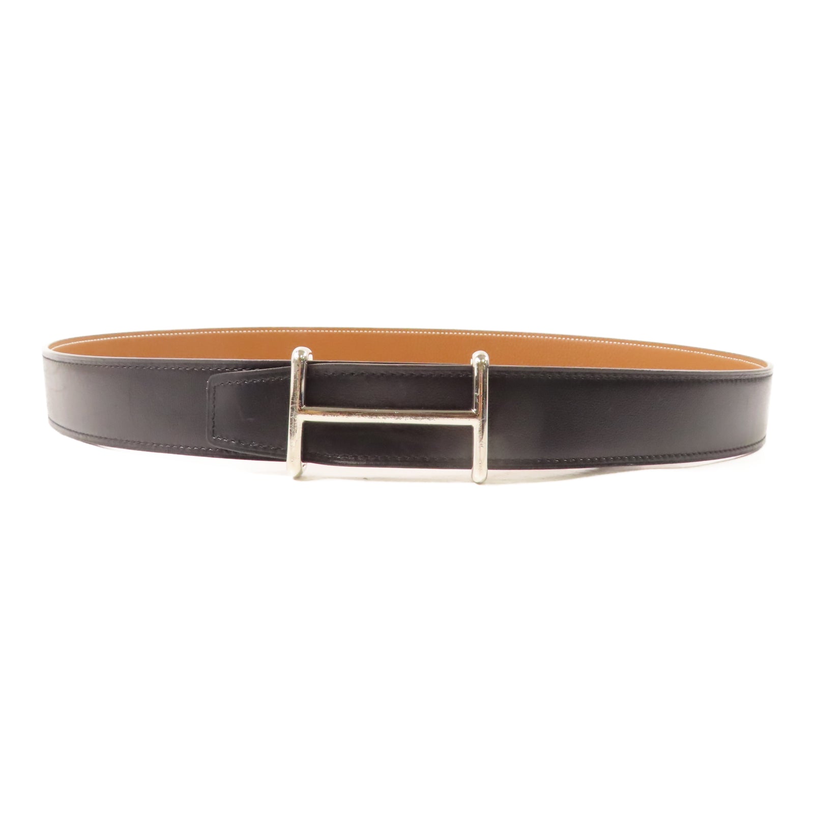 HERMES 【激減優惠】Swift皮革Belt 100cm銀扣皮帶黑色/駝色