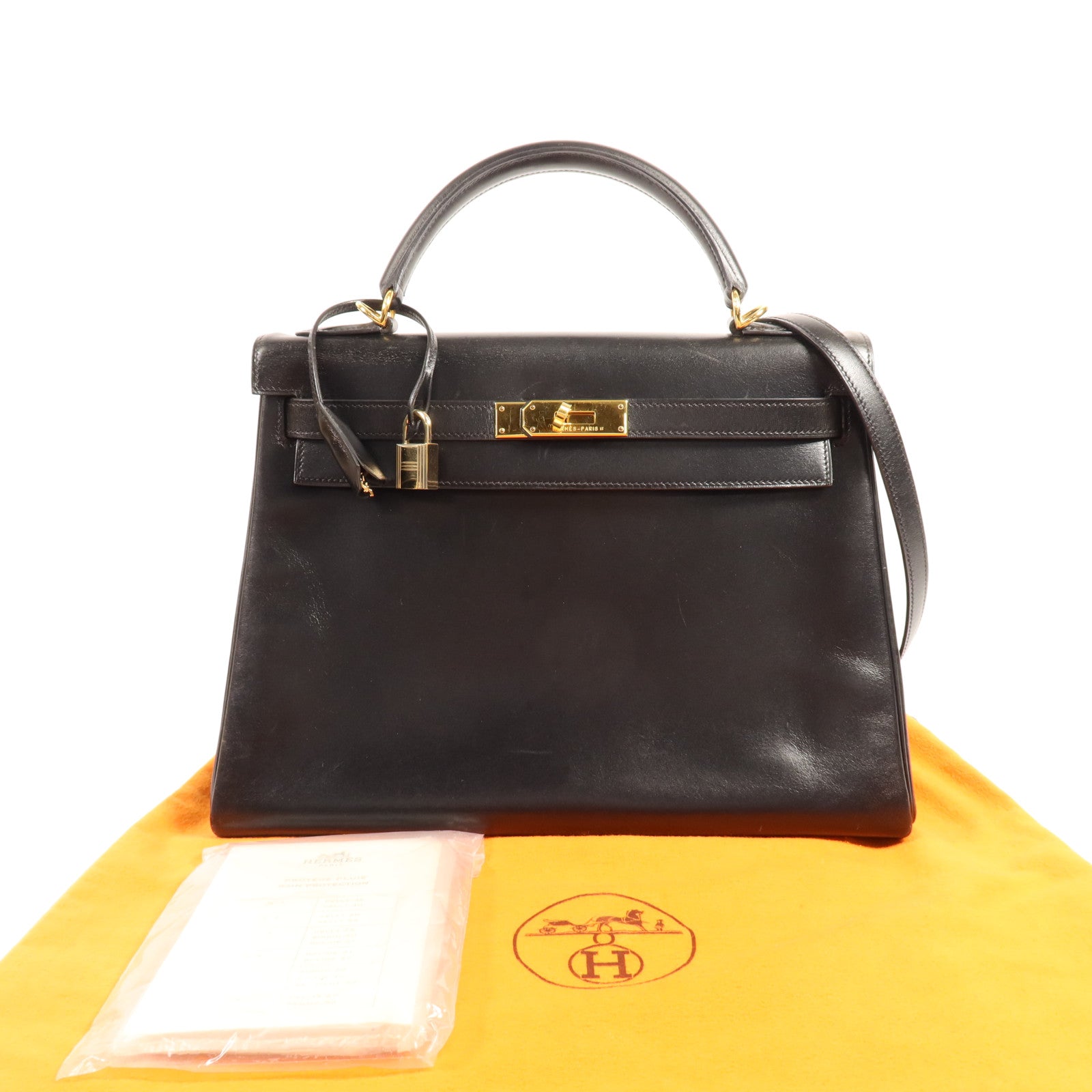 HERMES Box Calf皮革Kelly 32金扣手挽肩背兩用袋Noir