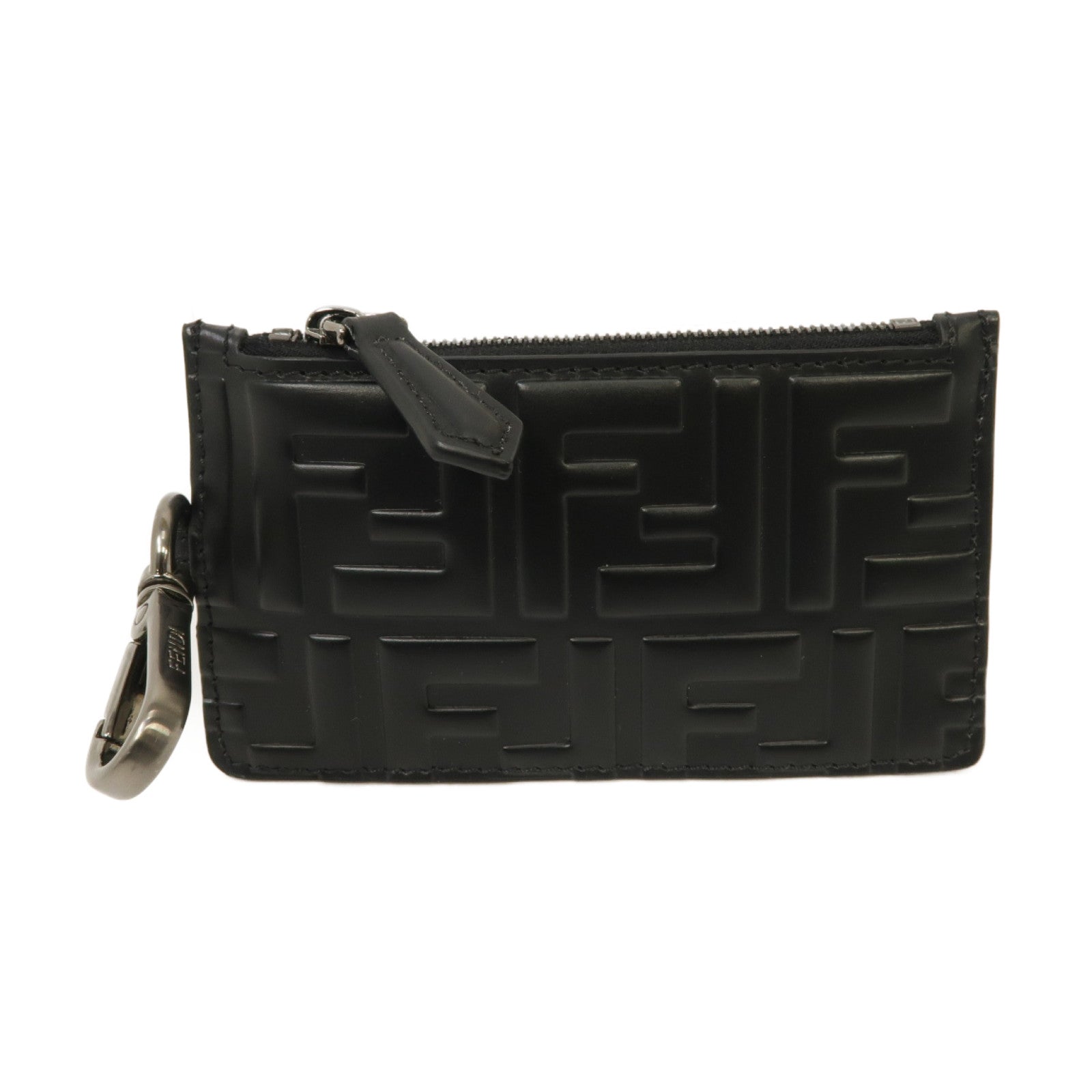 FENDI 牛皮皮革Zucca Coin/Card Case銀扣零錢包/卡片套黑色