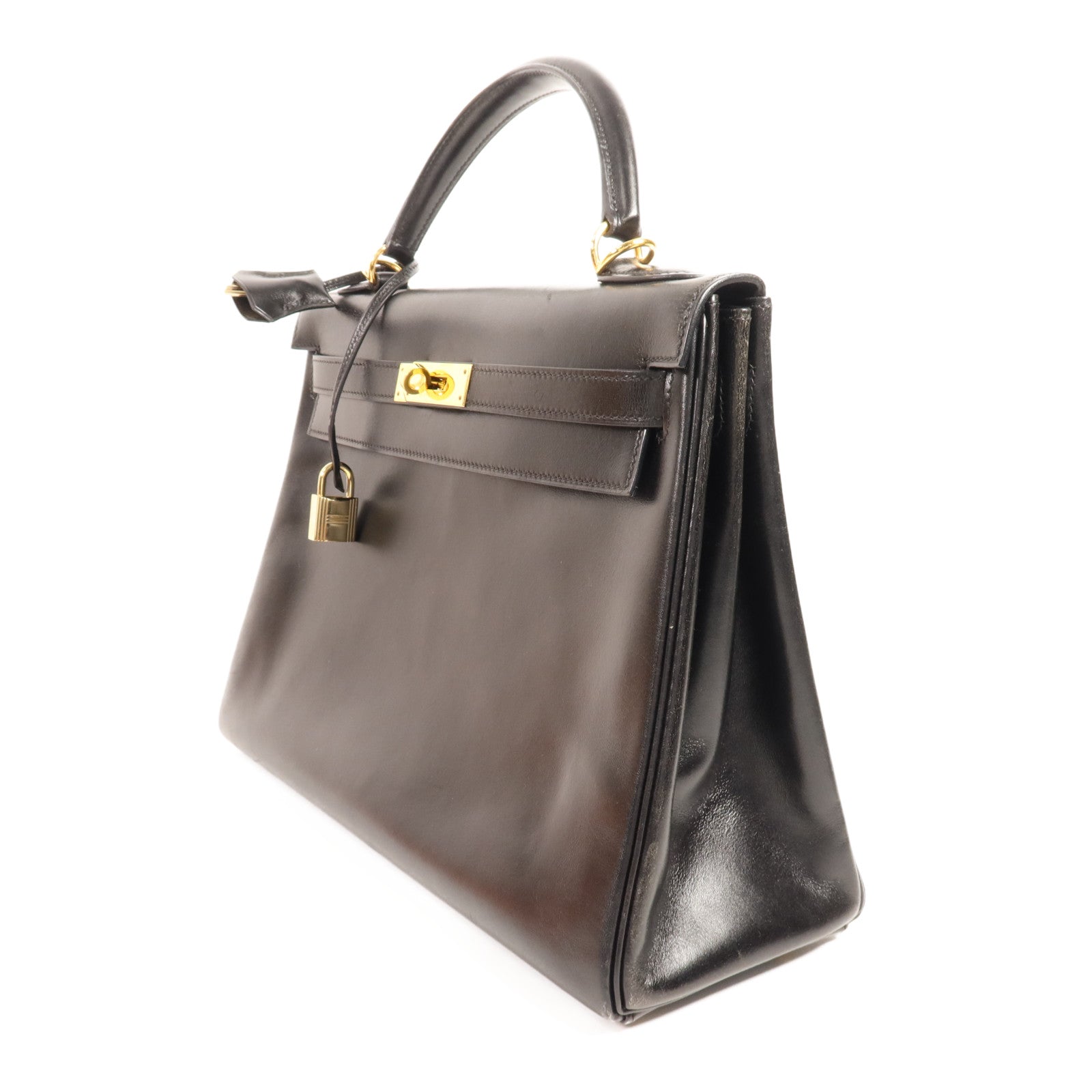 HERMES Box Calf皮革Kelly 32金扣手挽肩背兩用袋Noir