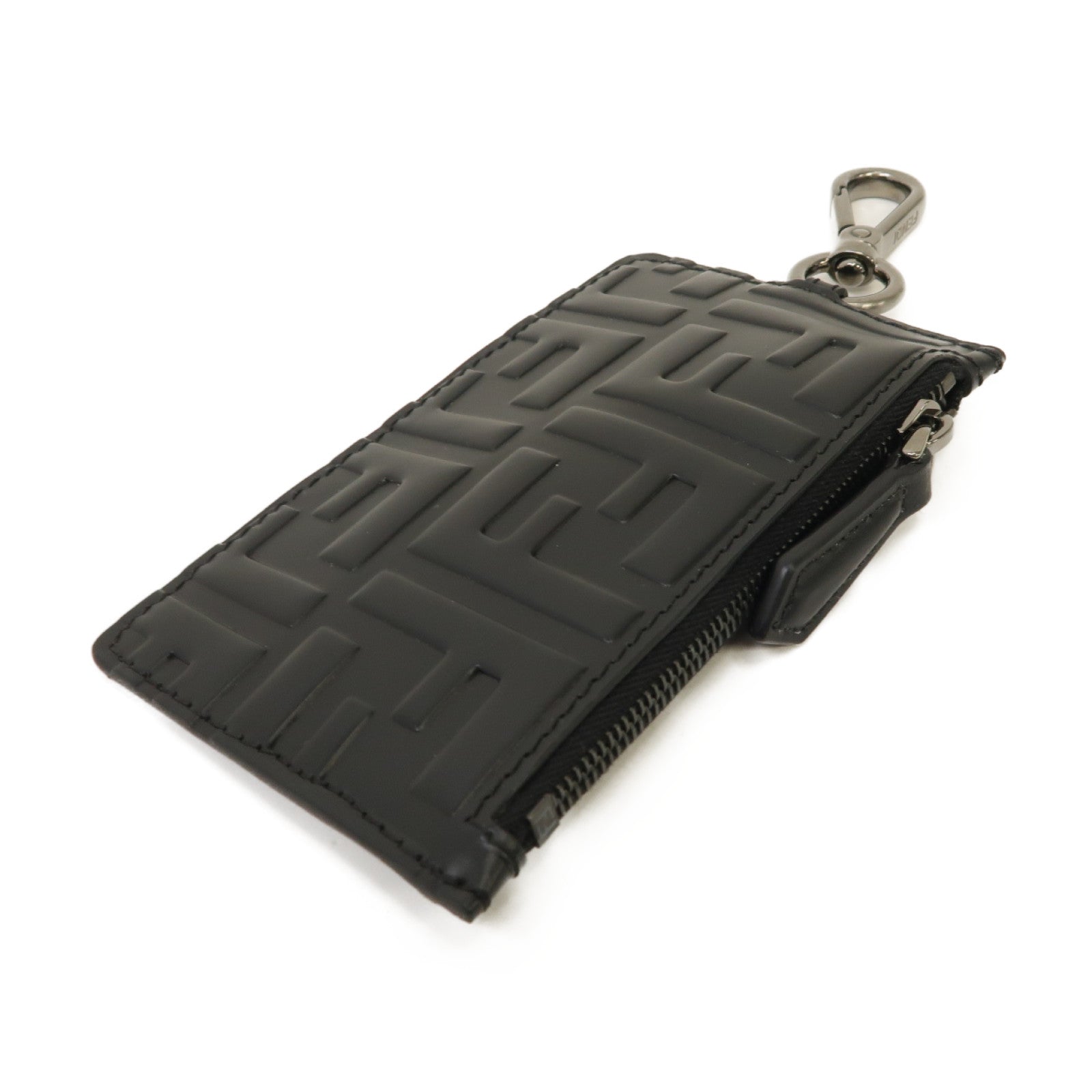 FENDI 牛皮皮革Zucca Coin/Card Case銀扣零錢包/卡片套黑色