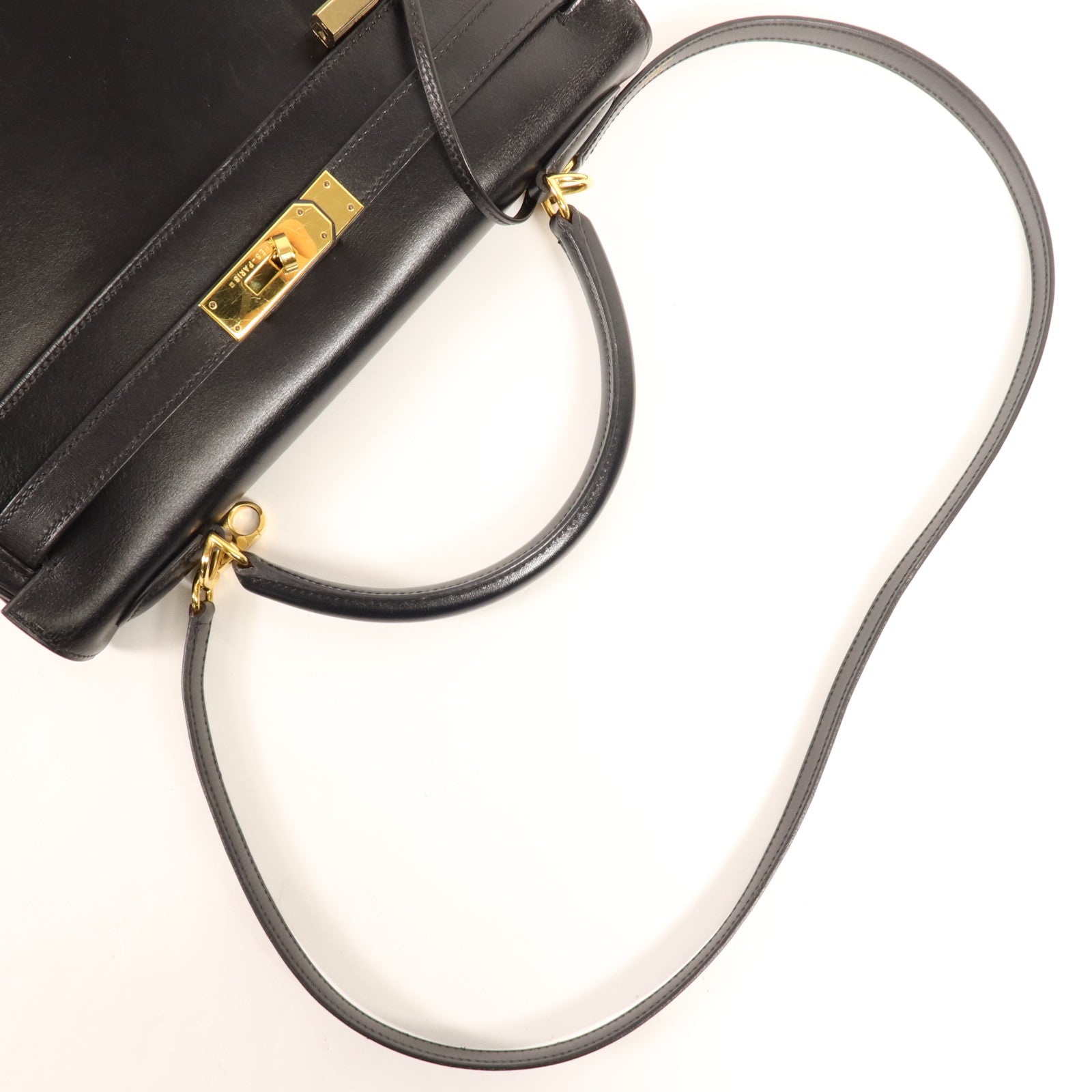 HERMES Box Calf皮革Kelly 32金扣手挽肩背兩用袋Noir