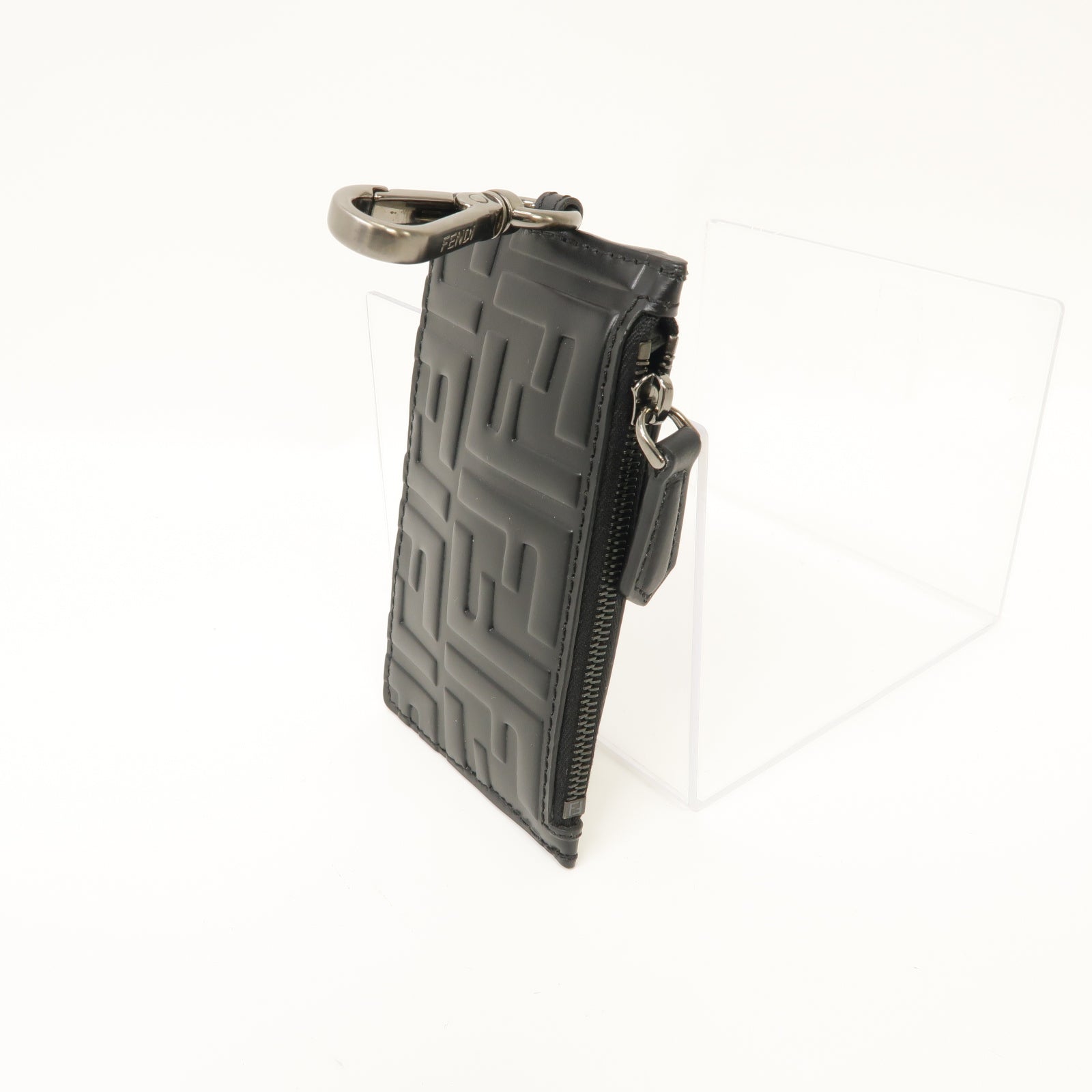 FENDI 牛皮皮革Zucca Coin/Card Case銀扣零錢包/卡片套黑色