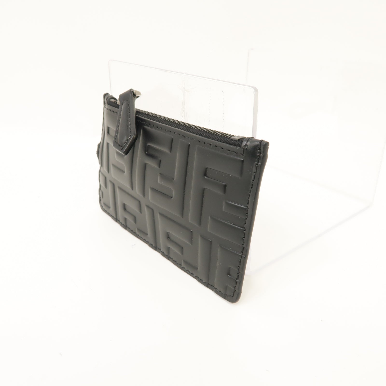 FENDI 牛皮皮革Zucca Coin/Card Case銀扣零錢包/卡片套黑色