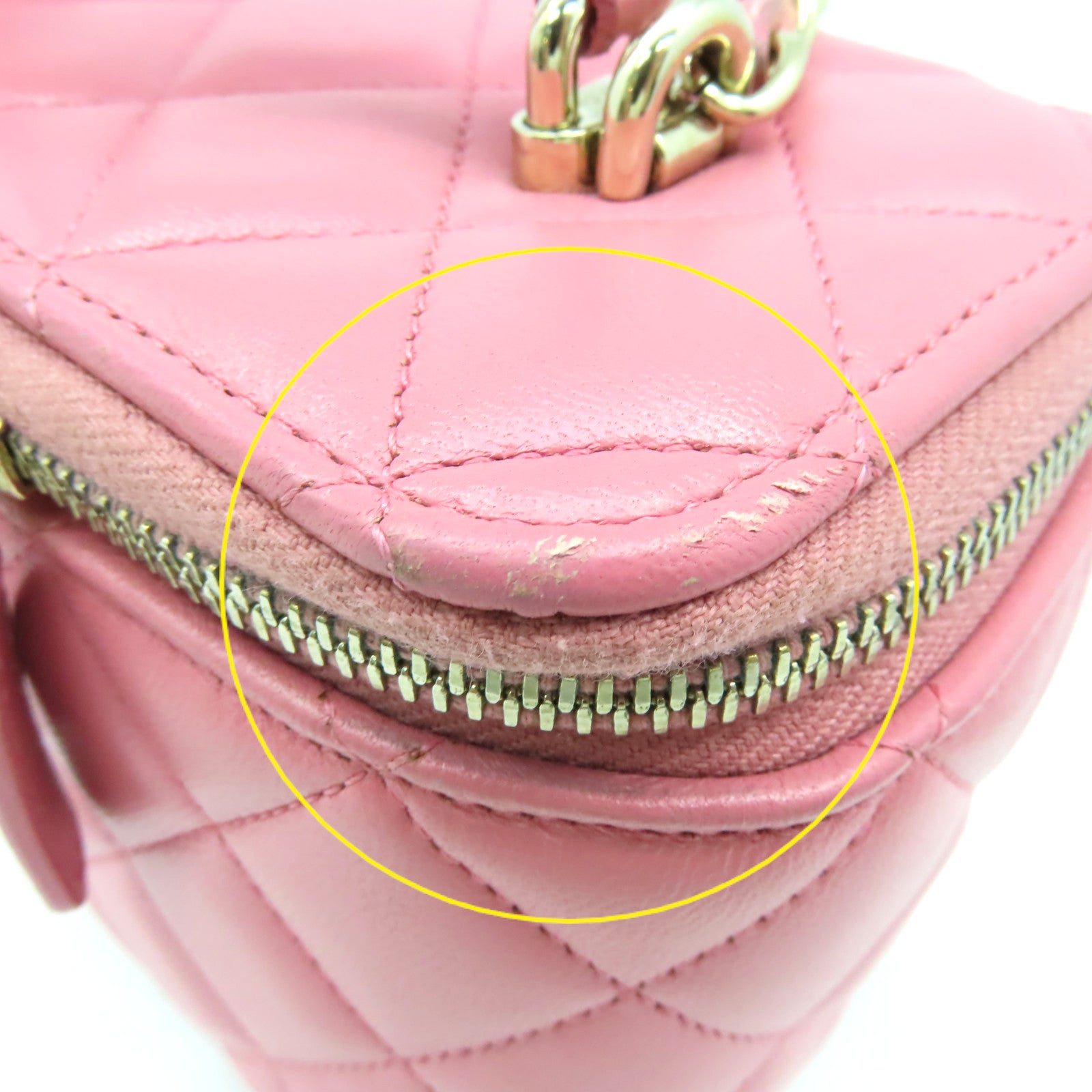 CHANEL 菱格牛皮皮革Vanity Rectangular Chain Shoulder Bag金扣鏈帶肩背化妝包粉紅色