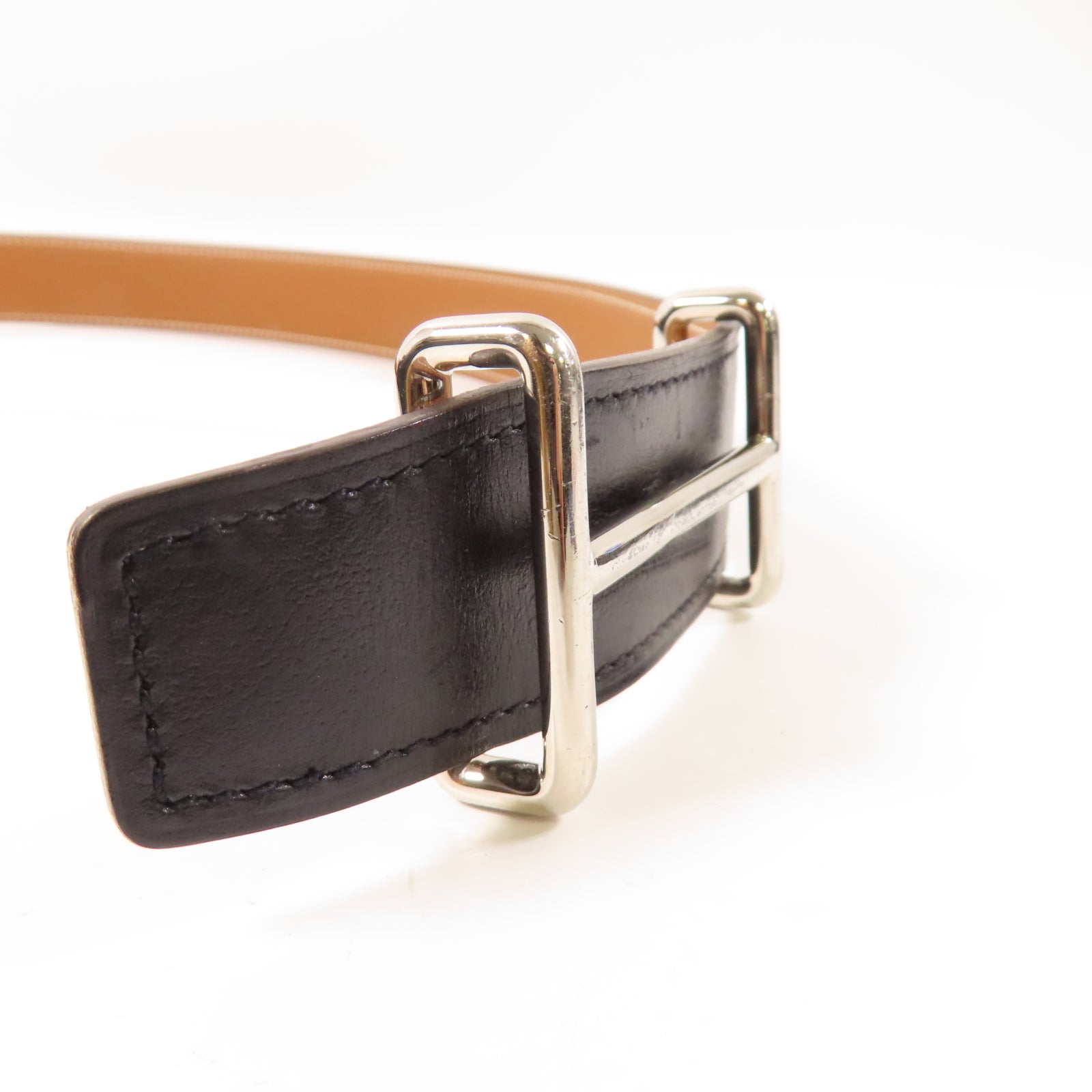 HERMES 【激減優惠】Swift皮革Belt 100cm銀扣皮帶黑色/駝色