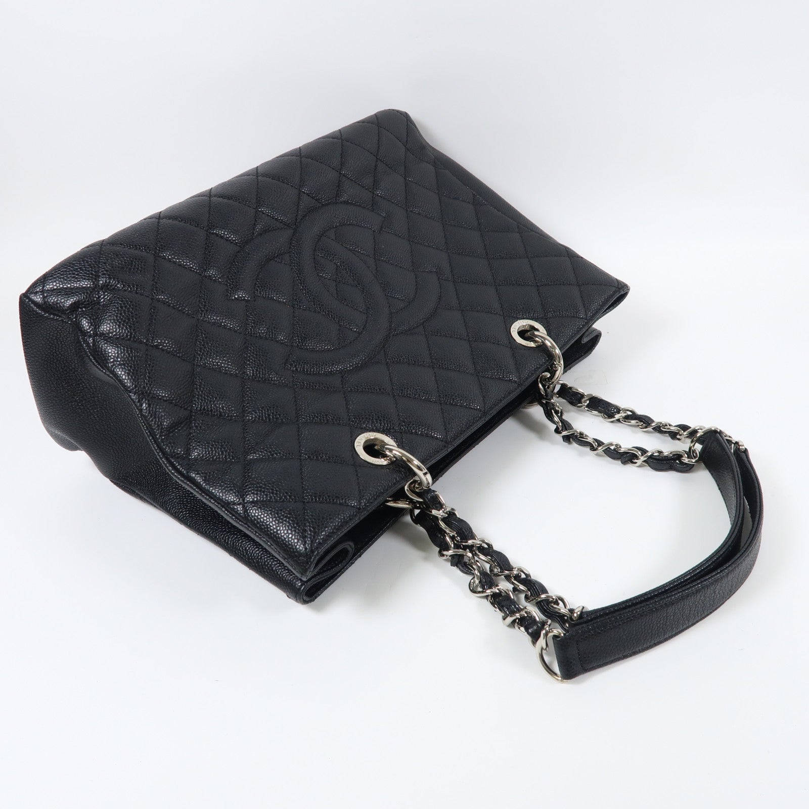 CHANEL 牛皮皮革GST銀扣鏈帶肩背袋黑色