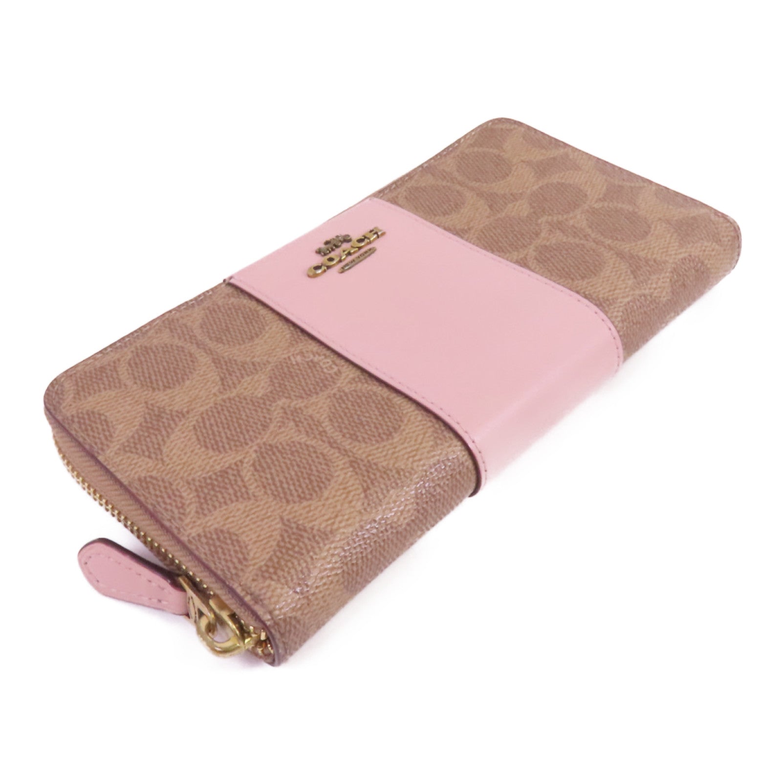 COACH 塗層帆布/牛皮皮革Zip Long Wallet金扣拉鏈長錢包