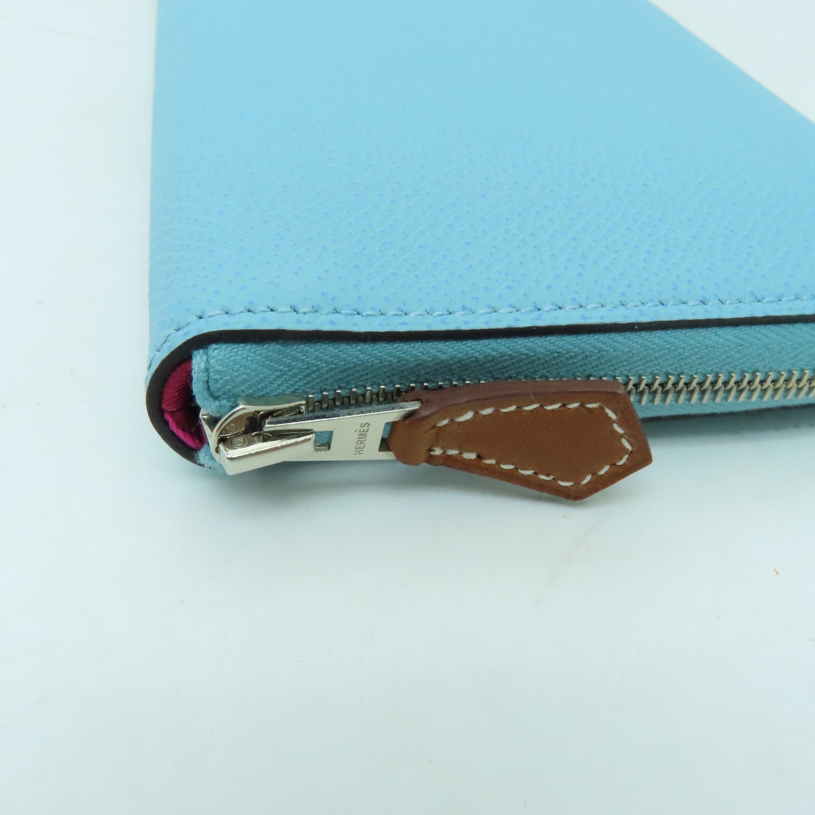HERMES 【激減優惠】Epsom皮革Silk in classic銀扣長錢包Blue Atoll淺藍色