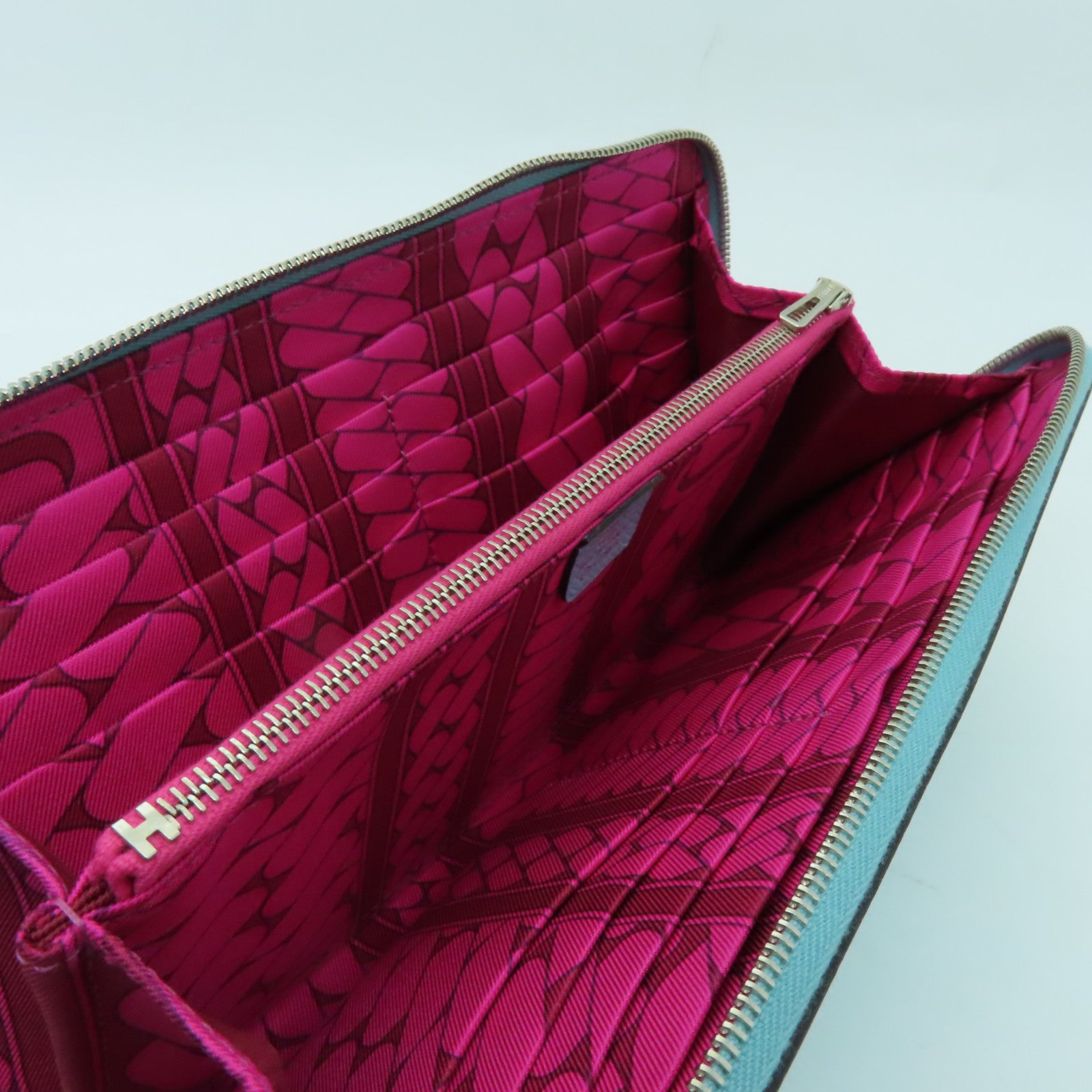 HERMES 【激減優惠】Epsom皮革Silk in classic銀扣長錢包Blue Atoll淺藍色