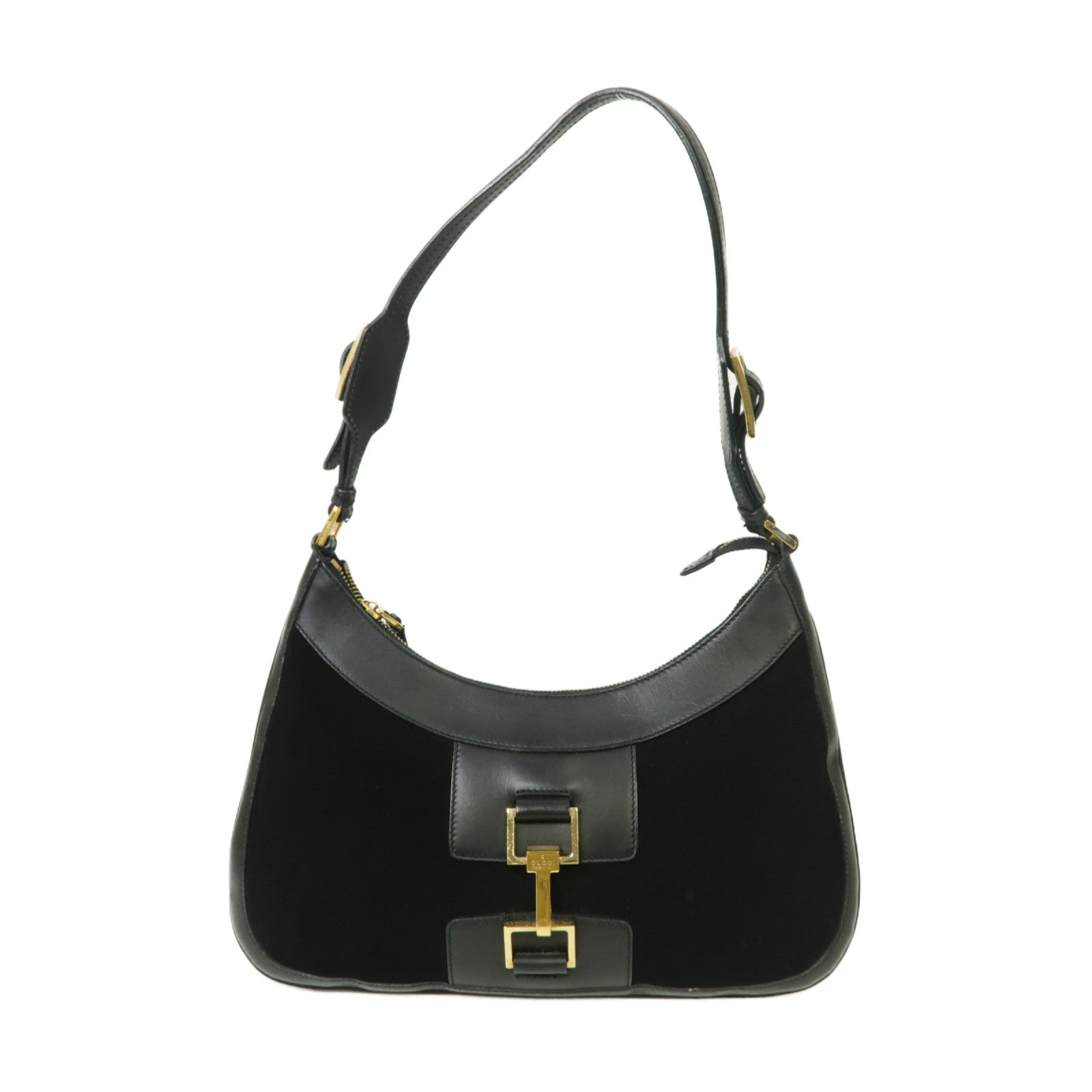 GUCCI 【激減優惠】麂皮皮革/皮革Shoulder Bag金扣肩背袋黑色