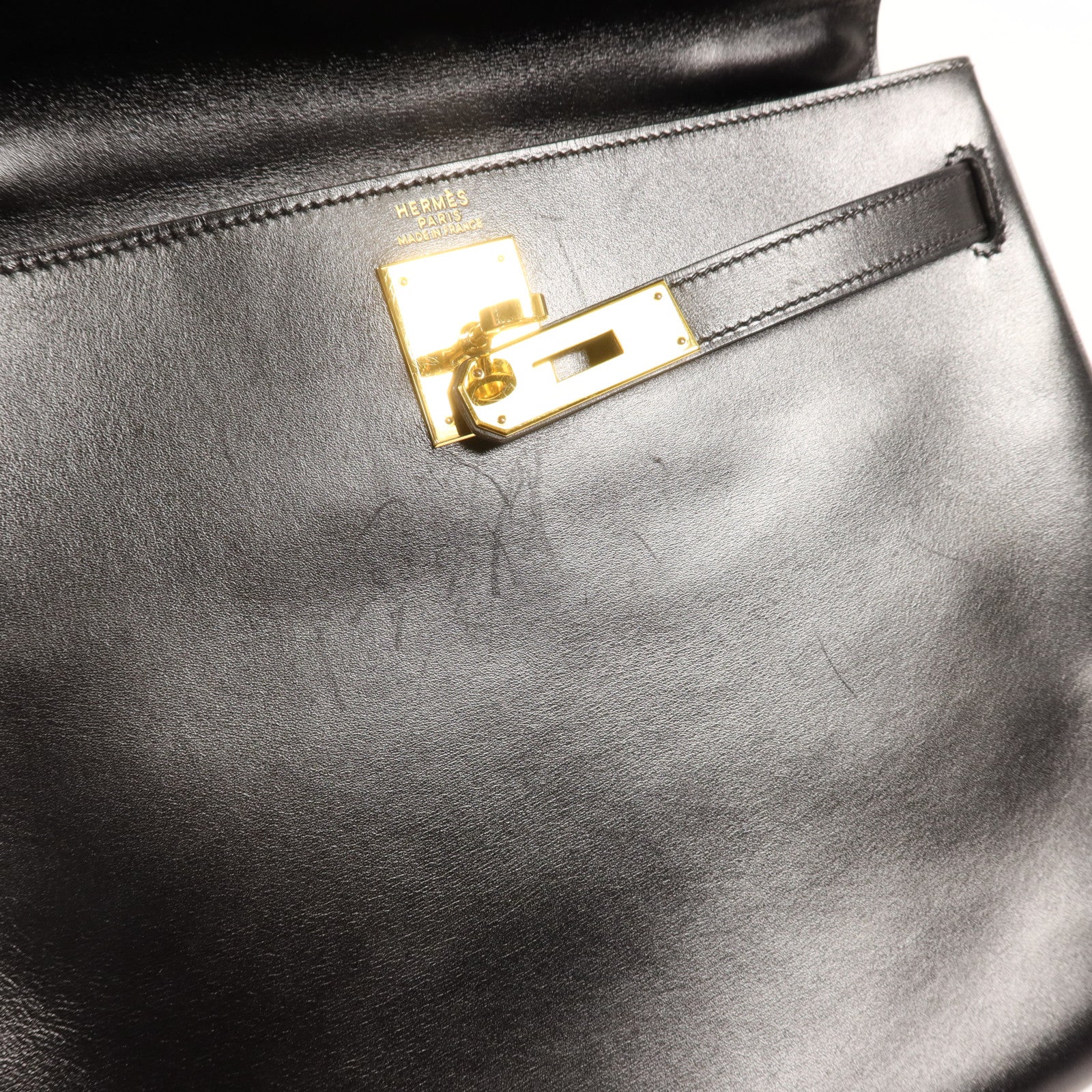 HERMES Box Calf皮革Kelly 32金扣手挽肩背兩用袋Noir