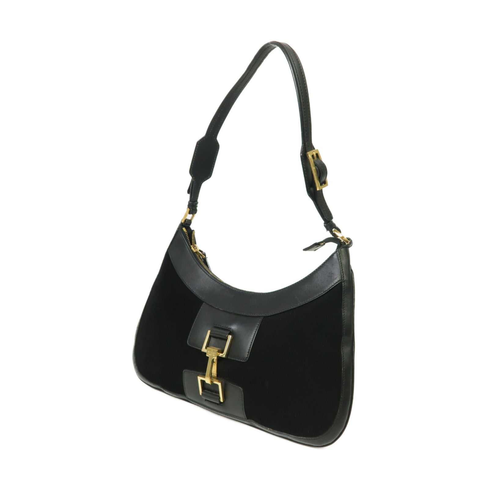 GUCCI 【激減優惠】麂皮皮革/皮革Shoulder Bag金扣肩背袋黑色