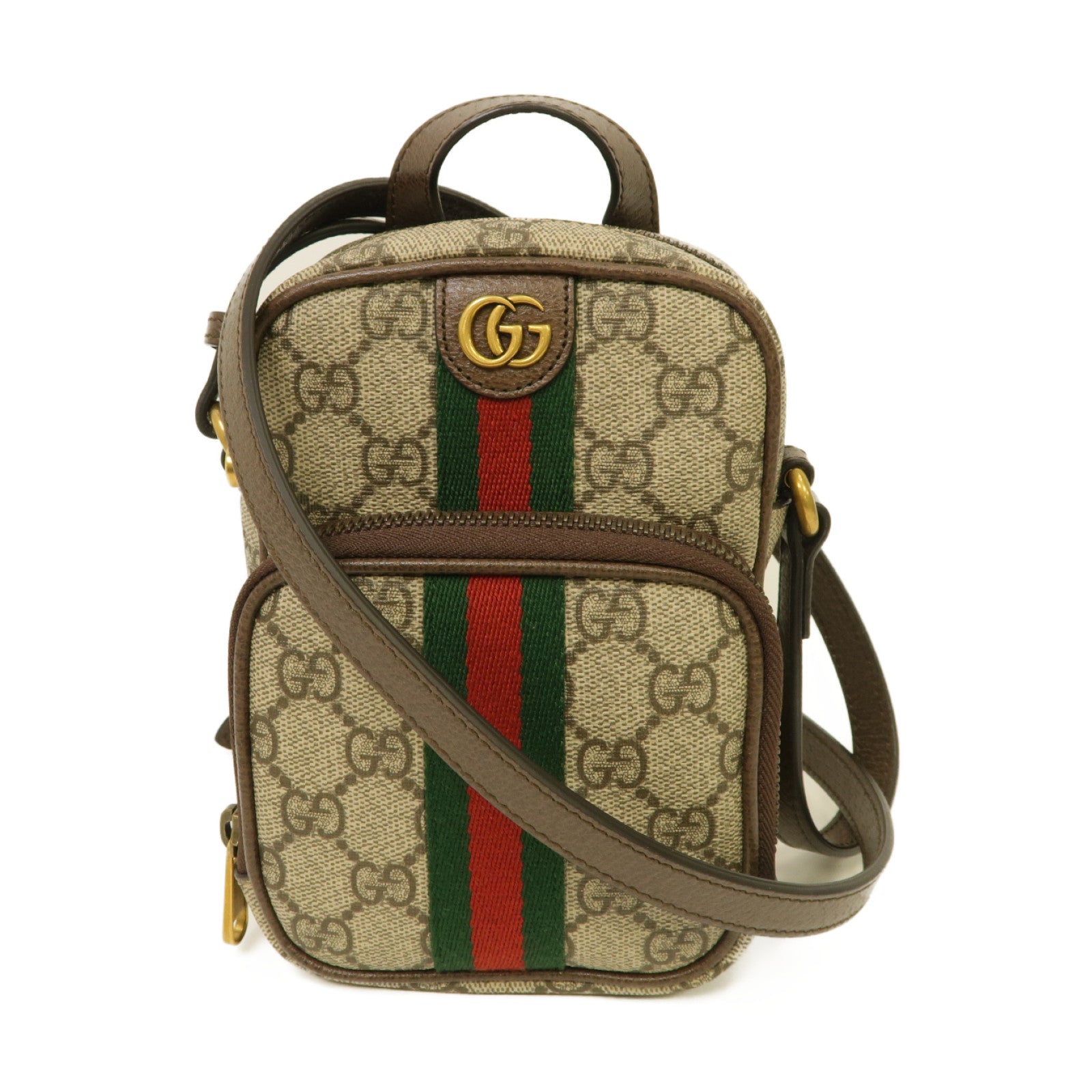 GUCCI 塗層帆布Ophidia Mini Bag金扣肩背袋棕色