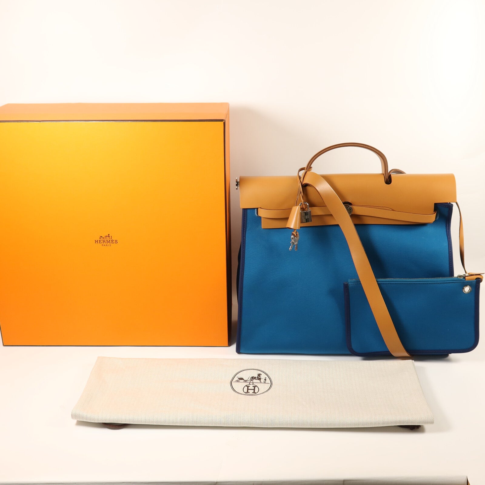 HERMES 帆布Herbag MM銀扣手挽肩背兩用袋Blue Izmir